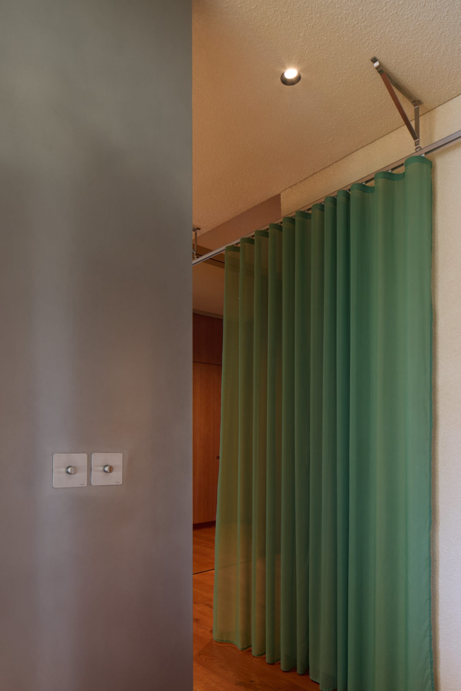 Green room divider with a minimalist design, hanging on a wall-mounted rod.