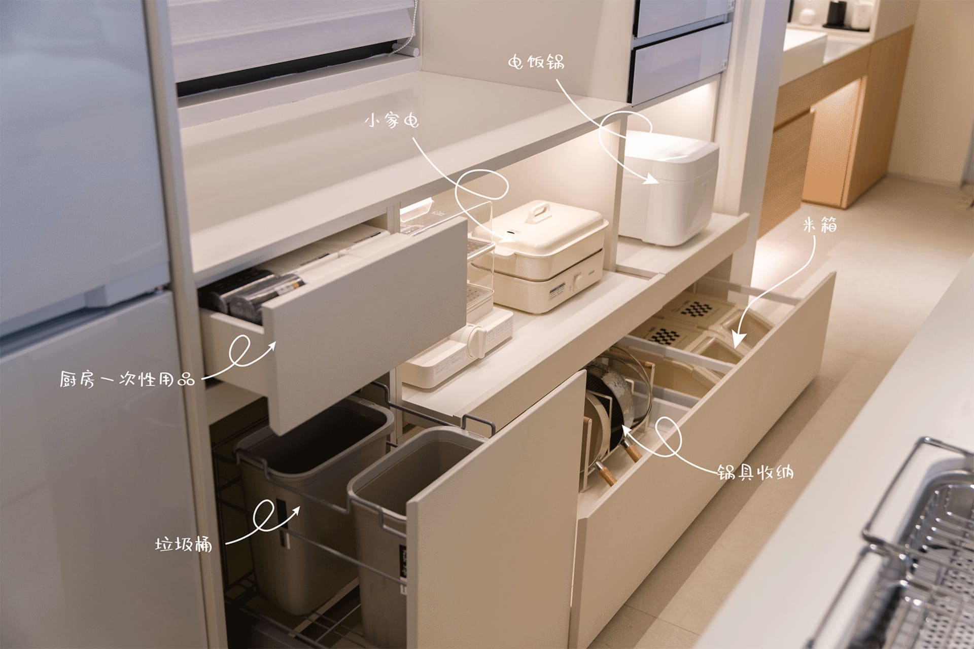 An organized kitchen storage system with various compartments and appliances.