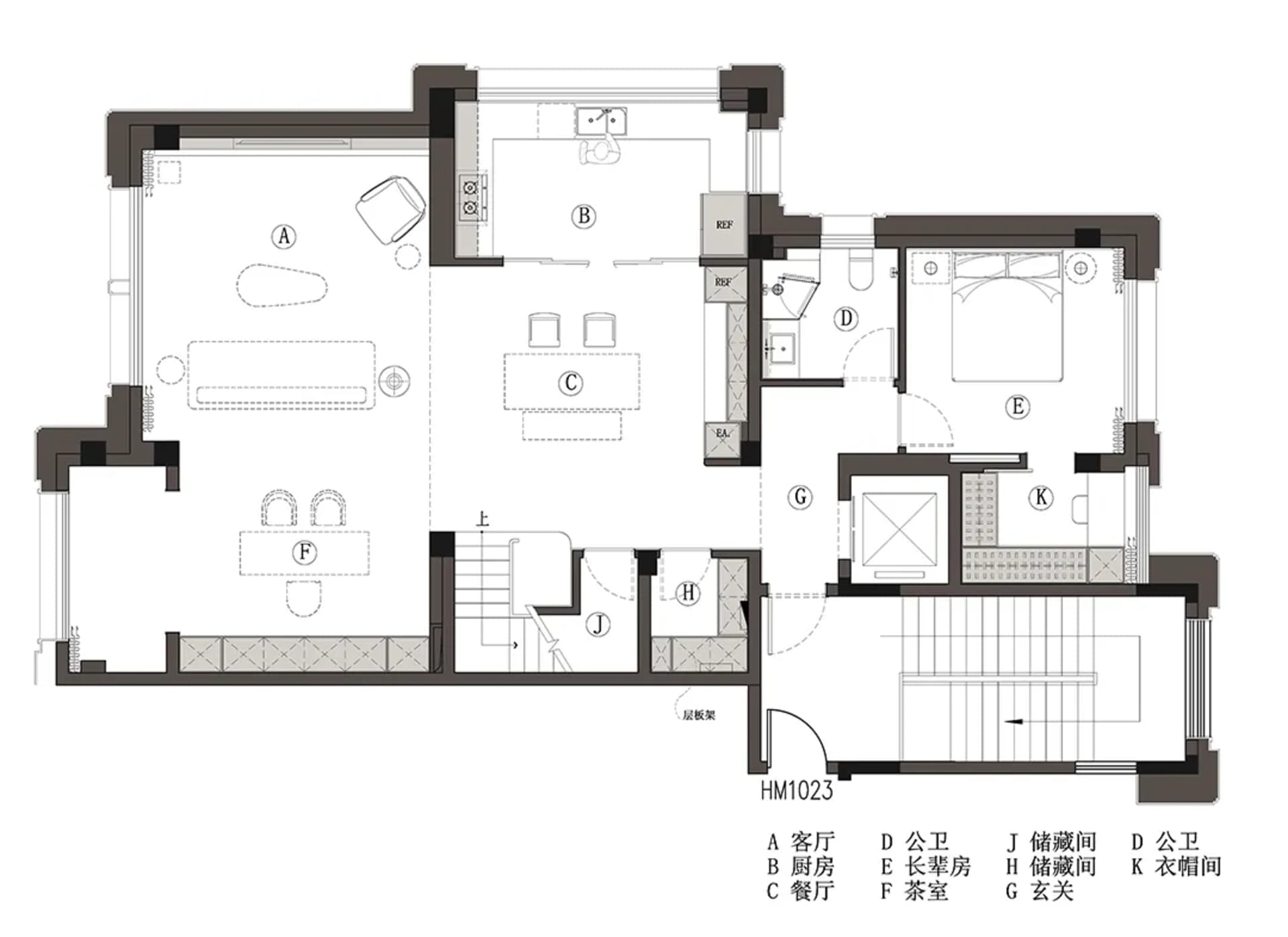 Floor plan of a modern residential home with detailed layout of rooms and spaces.