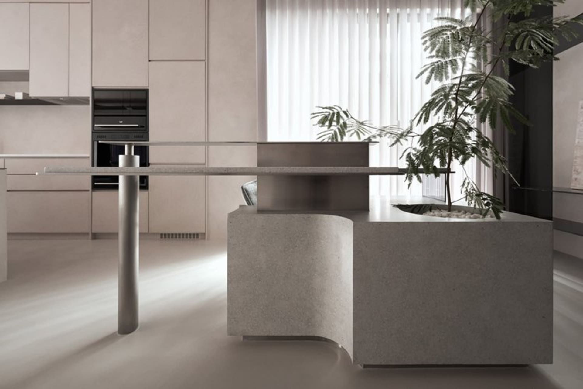 A modern kitchen with minimalist design featuring a concrete countertop and a large window.