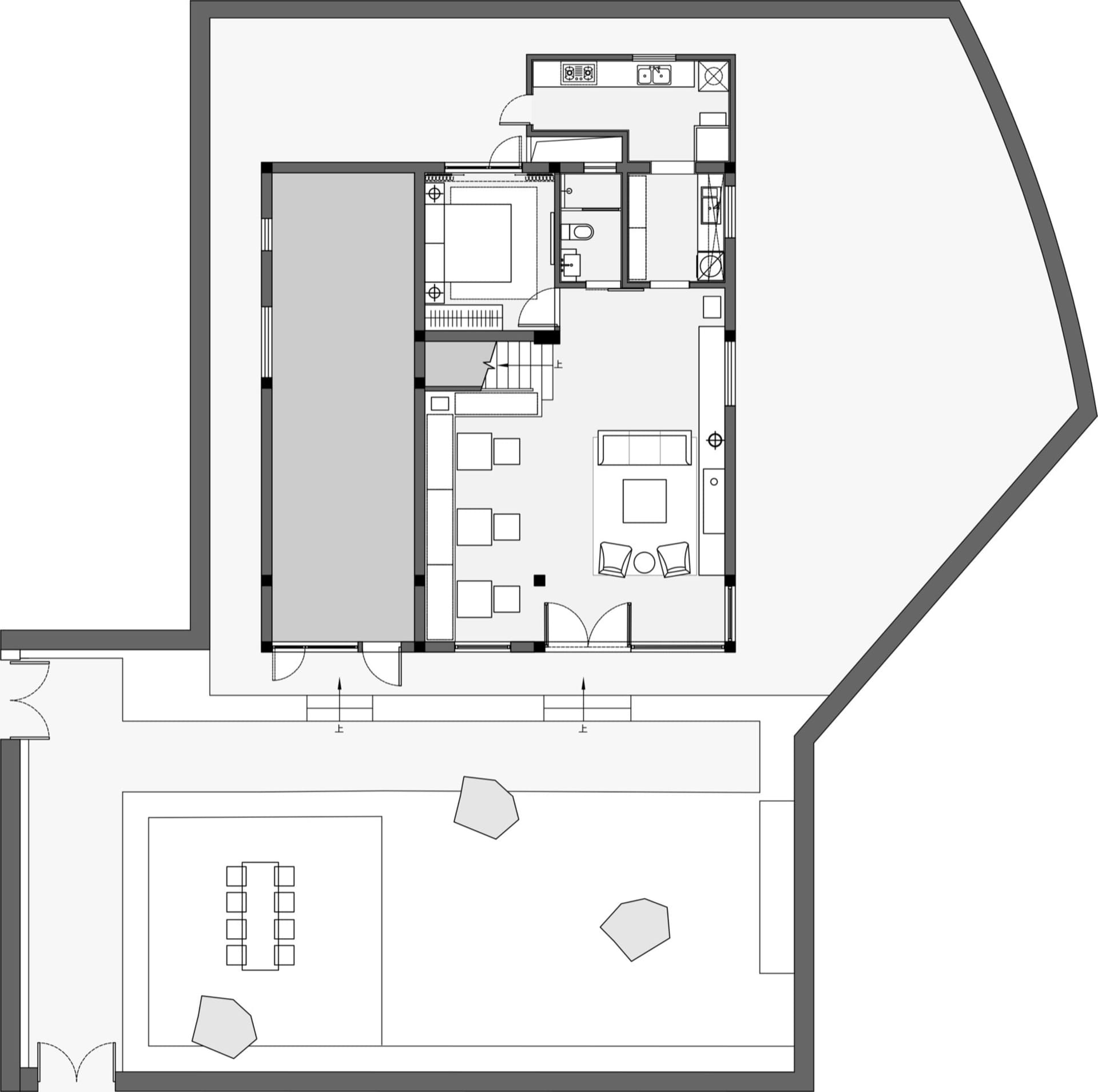 現代住宅平面圖,展示客廳、廚房、臥室與衛浴空間。