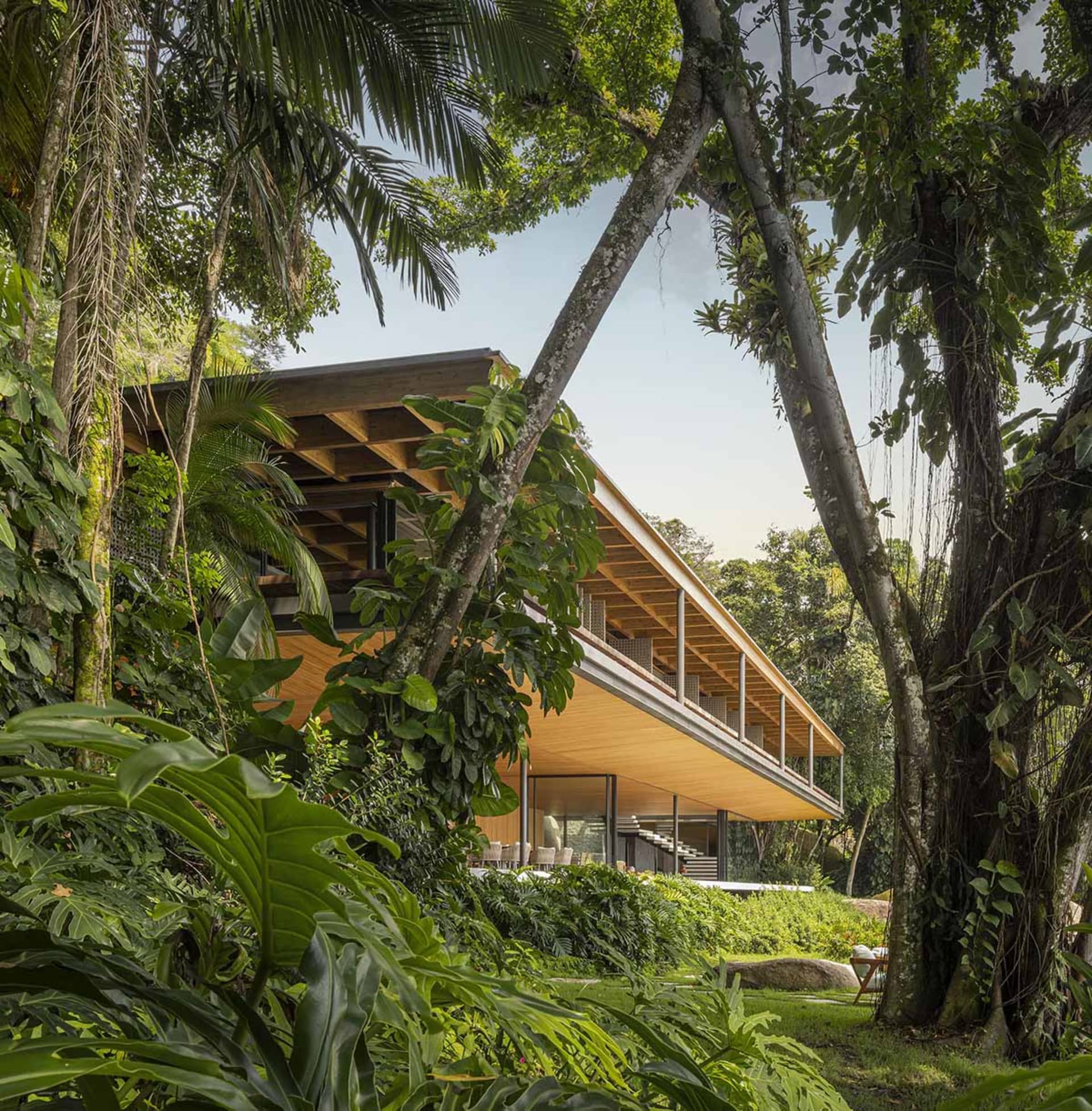 A modern residential home with a wooden exterior surrounded by lush greenery.
