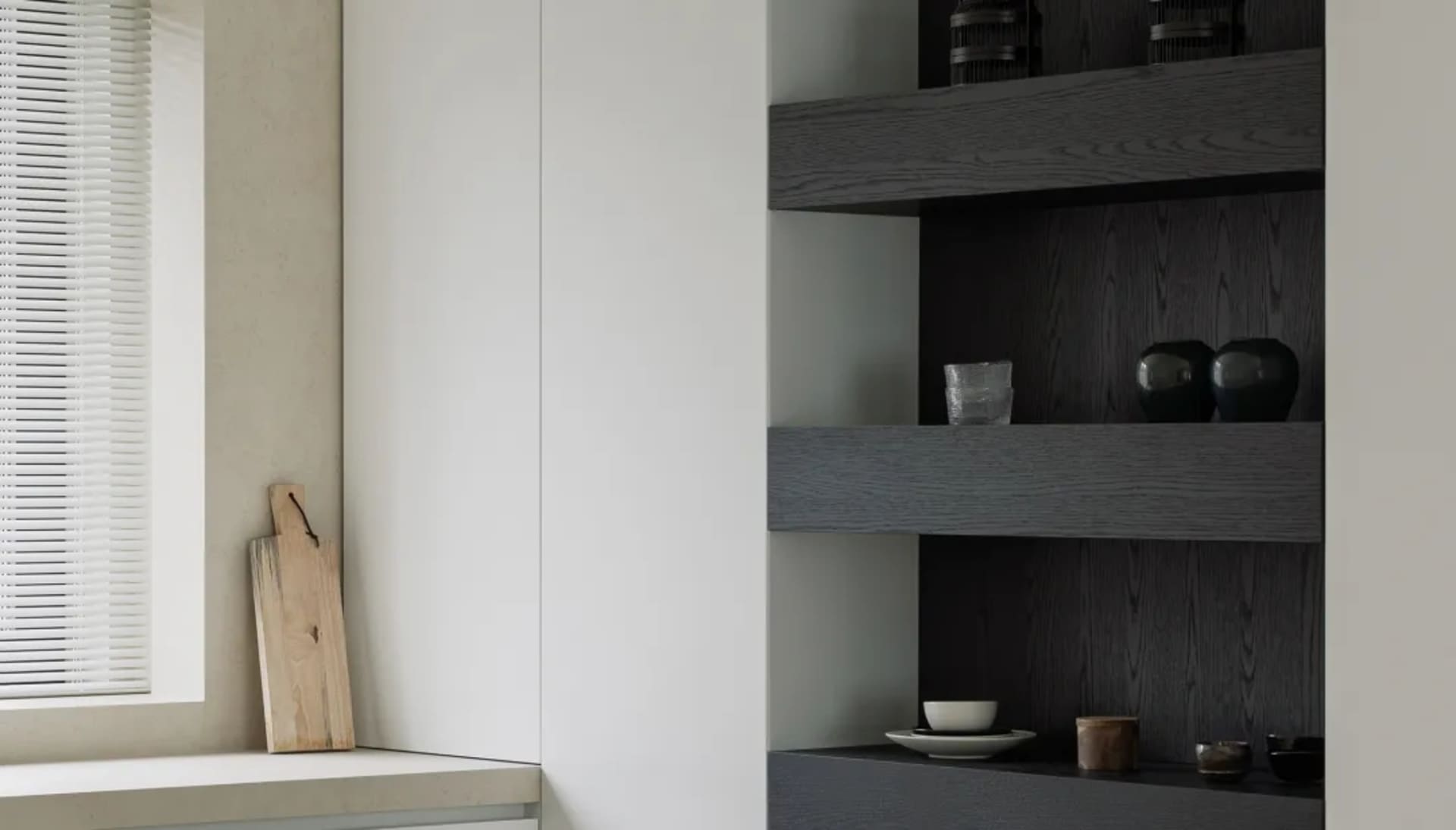 A minimalist kitchen featuring wooden shelves, glass vases, and concrete countertops.