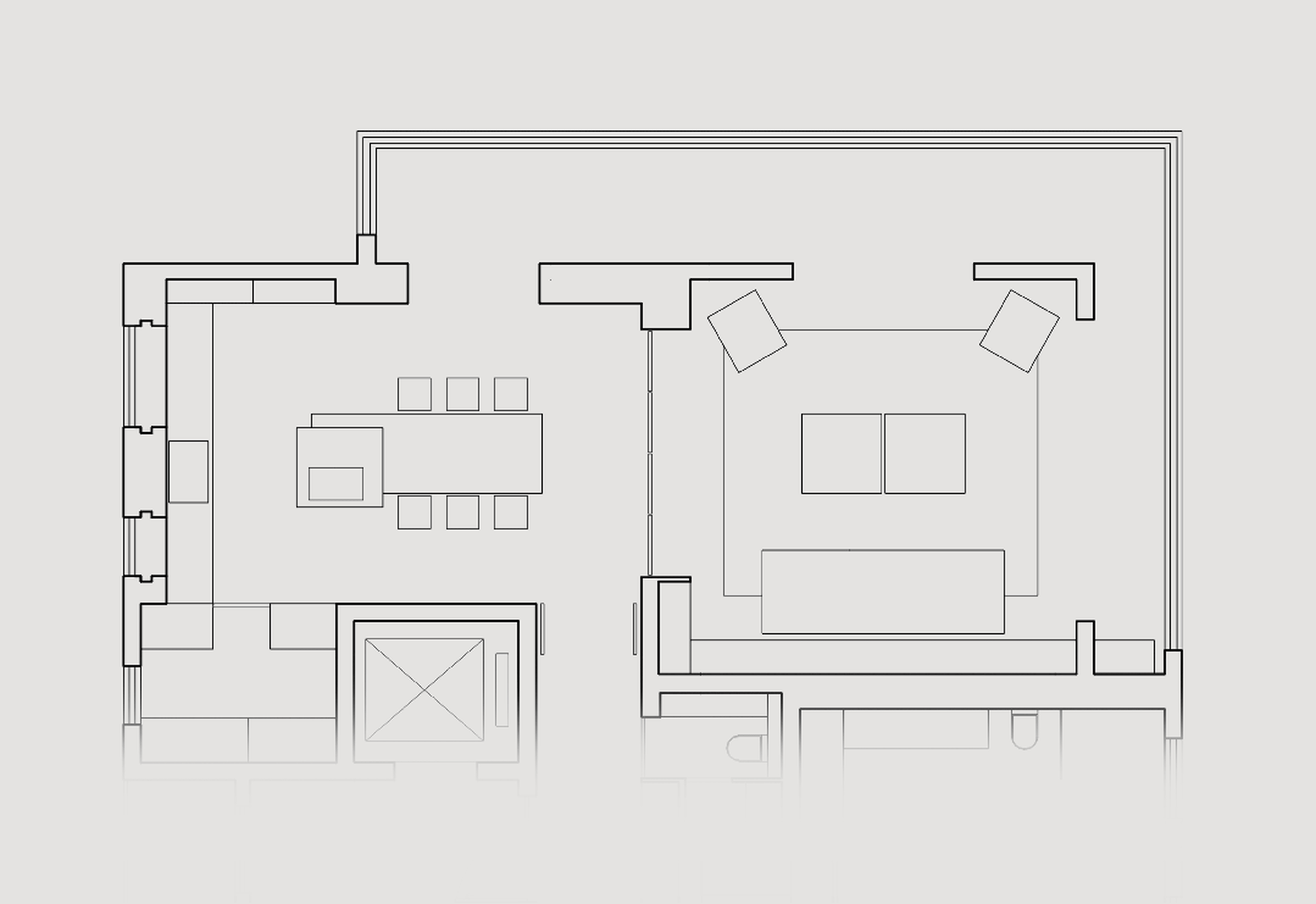 Minimalist living, dining, and kitchen layout in a contemporary style.
