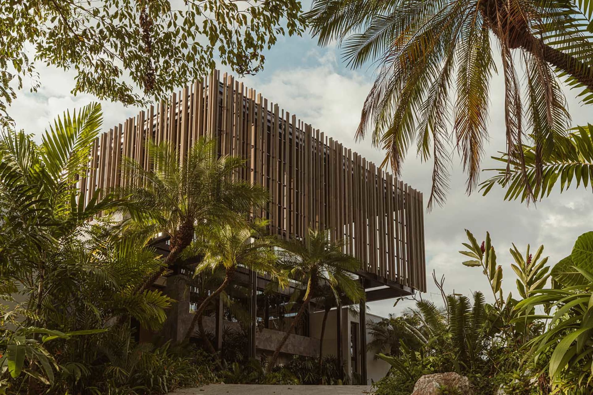 現代建築外觀採用木質建材，周圍環繞熱帶植栽。
