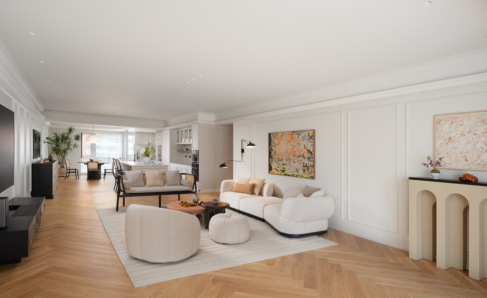 Modern living room featuring wooden furniture, a yellow bean bag, and a stone fireplace.