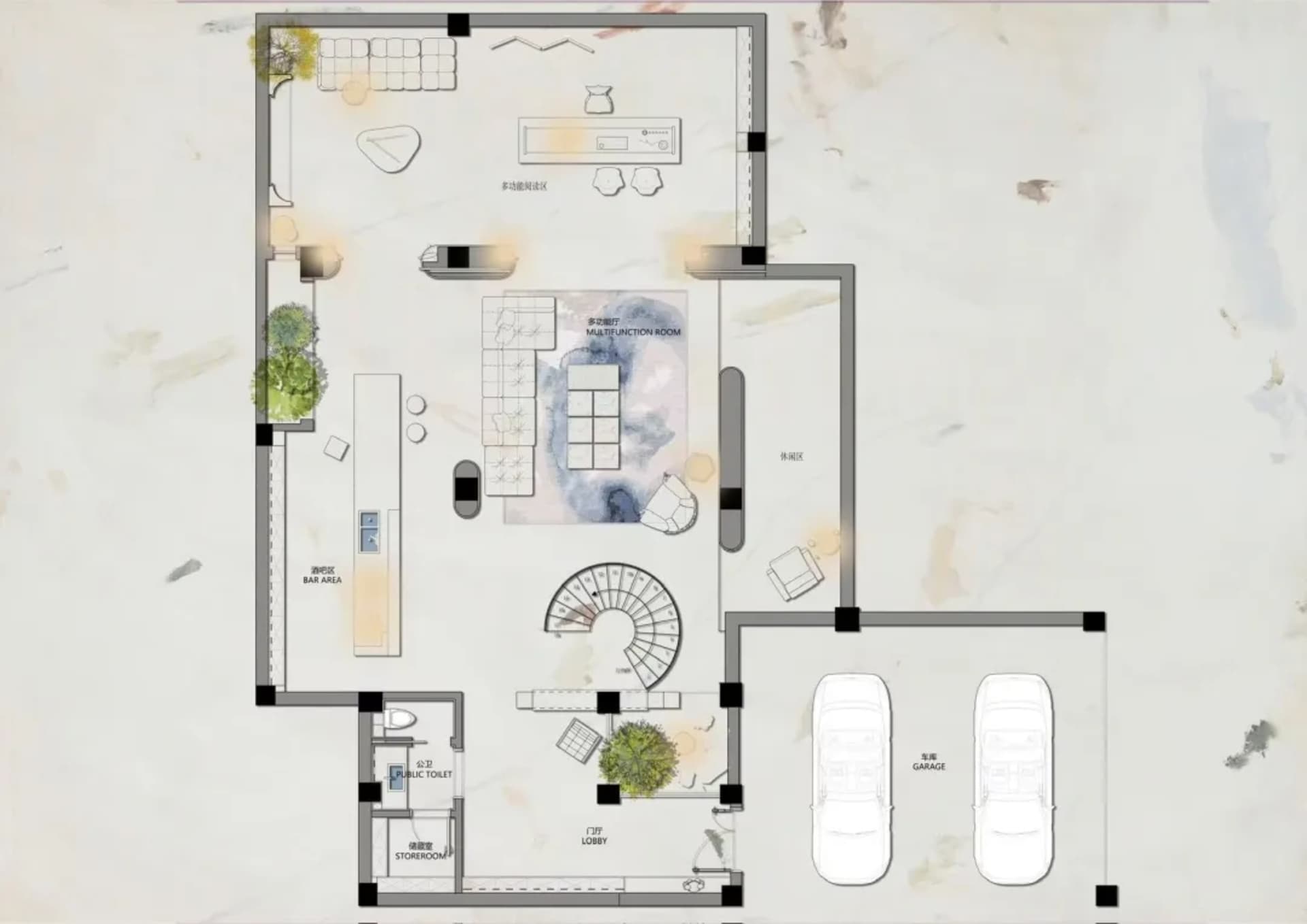 Modern home layout featuring an open space with marble finishes and a cozy living area.