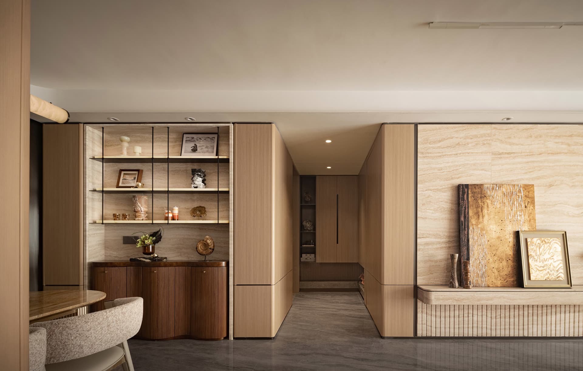 Modern interior design featuring wooden furniture and cabinetry.