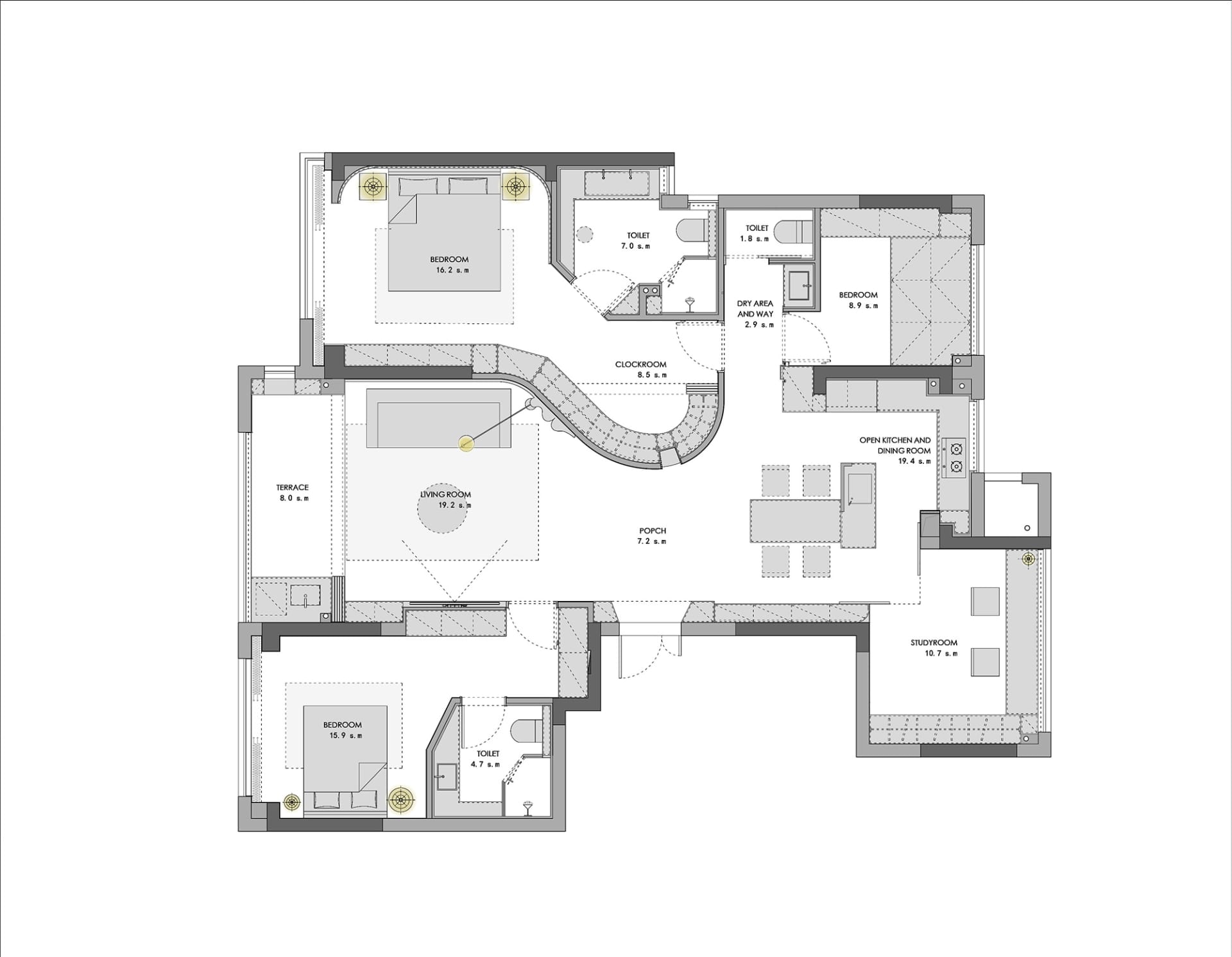 一張詳細的現代住宅平面圖二維建築圖,展示各個房間與設施。