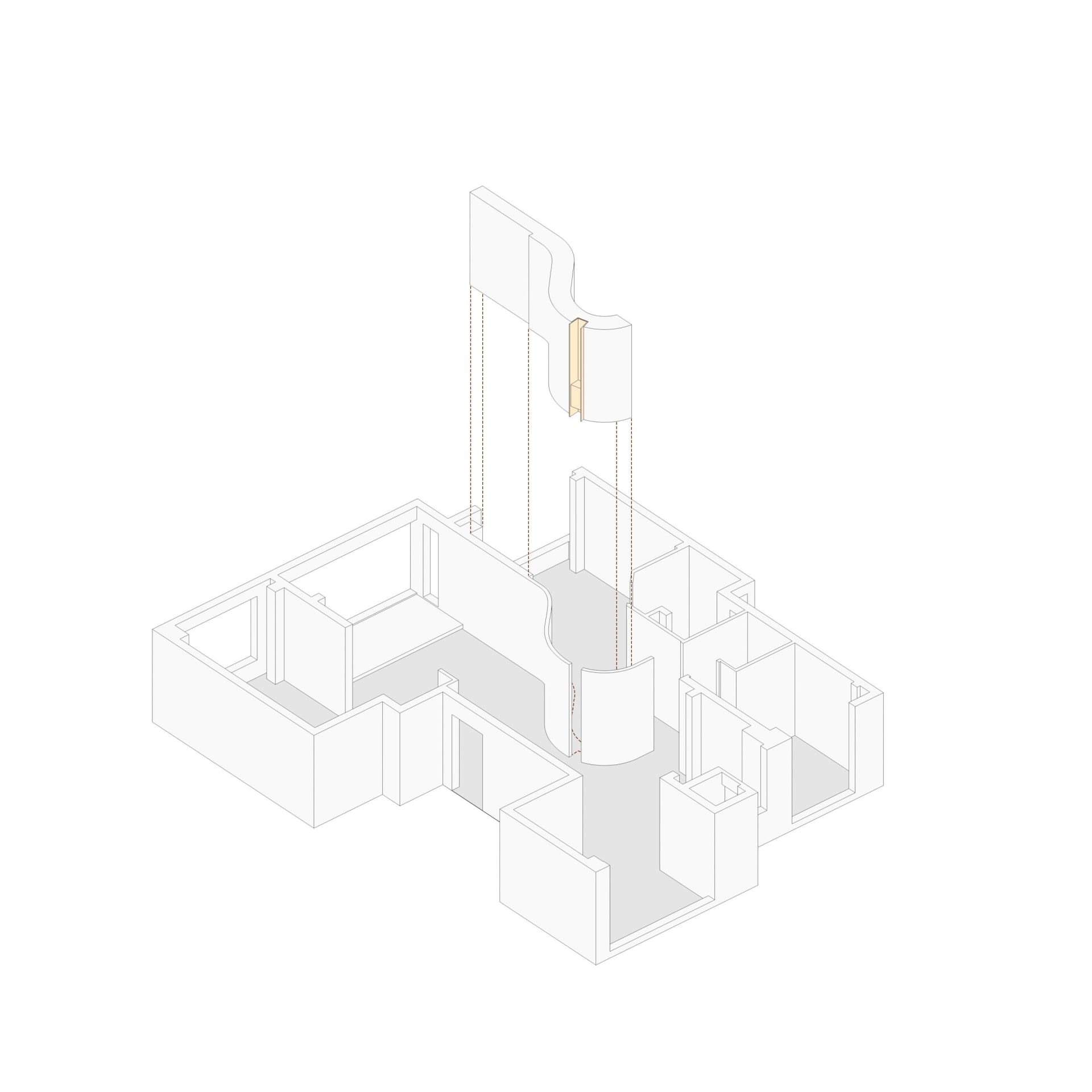 現代住宅平面圖的3D等角視圖，展現混凝土結構元素與開放空間。