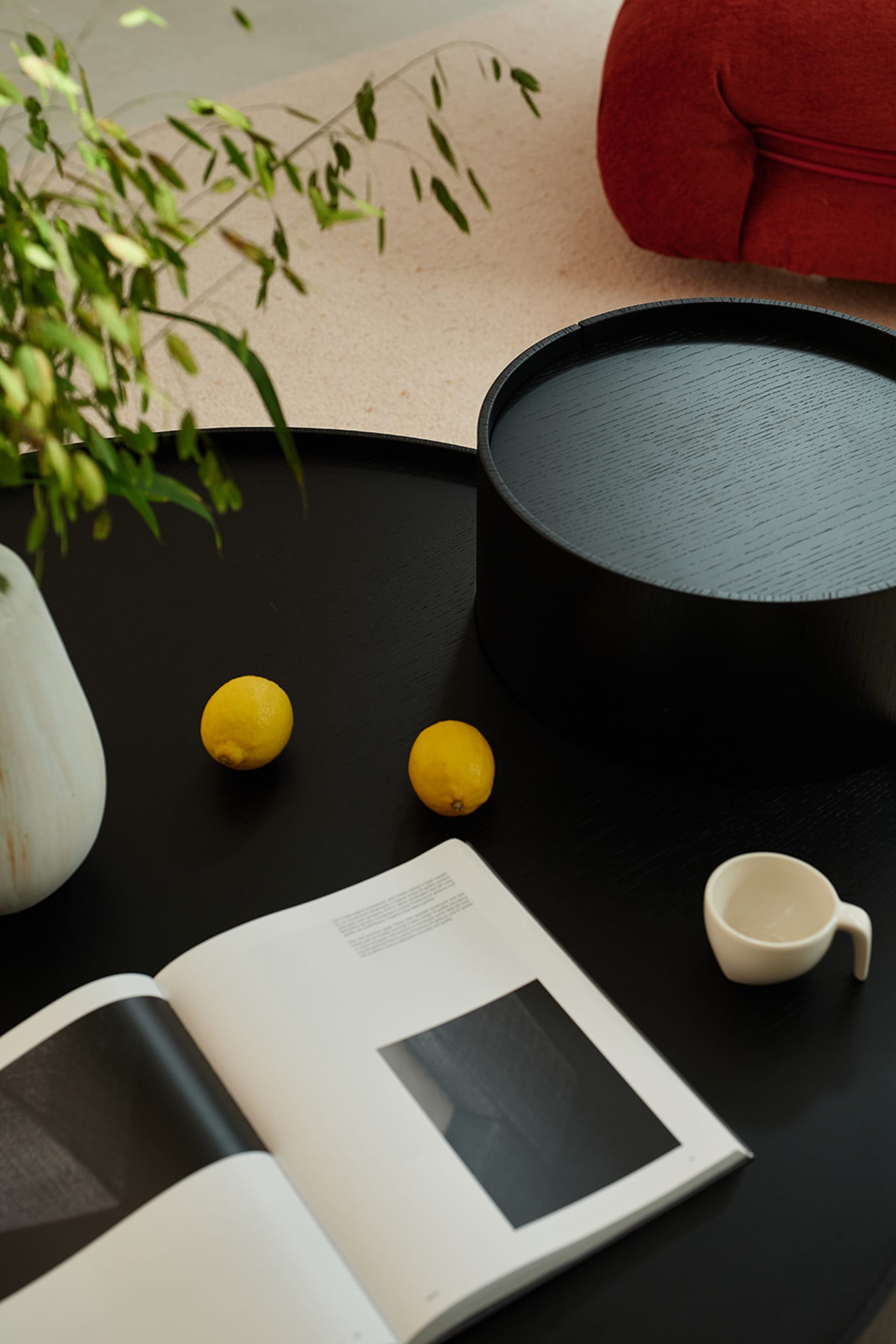 An elegant coffee table setup featuring a black tray, a white cup, lemons, an open magazine, and a green plant.