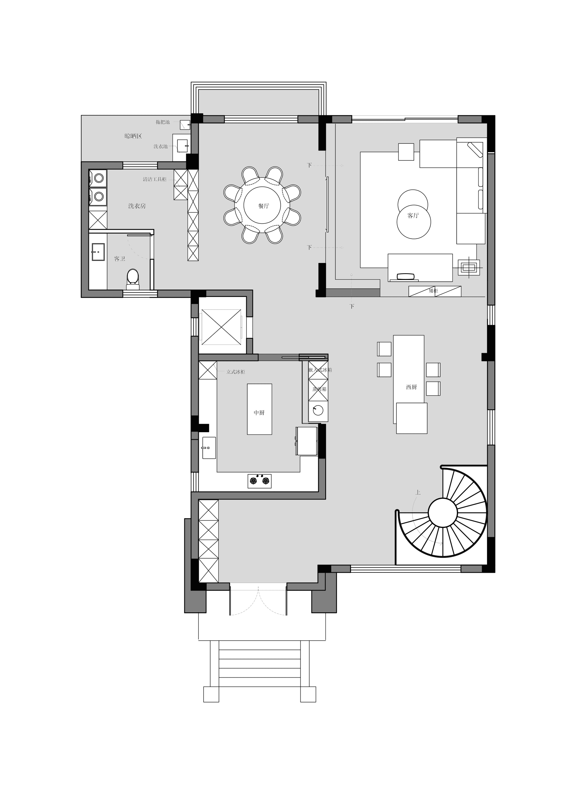 A detailed floor plan of a modern housing layout, showcasing contemporary architectural features, in a black and white color
