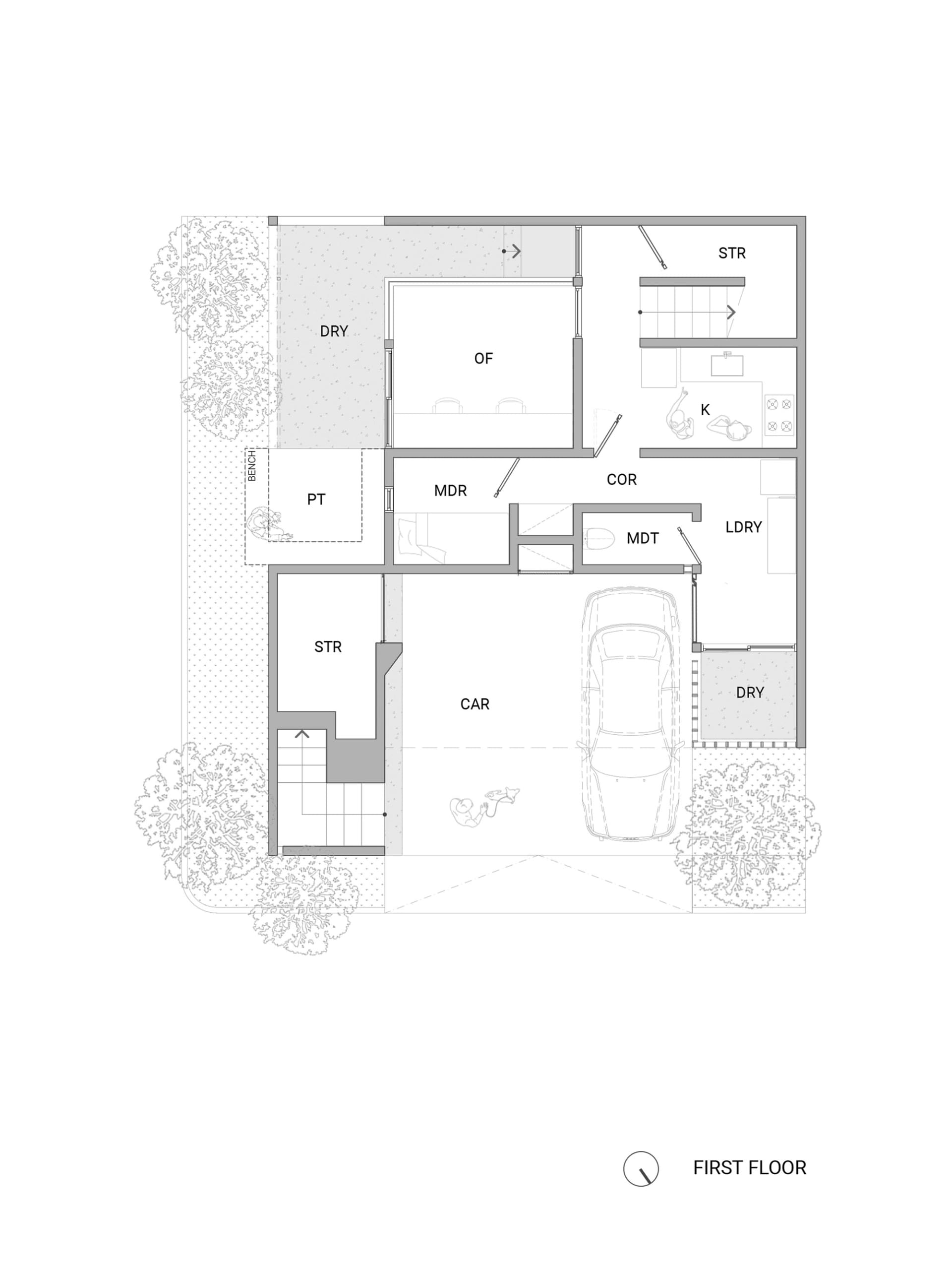 一張展示當代混凝土材質的現代住宅平面圖。