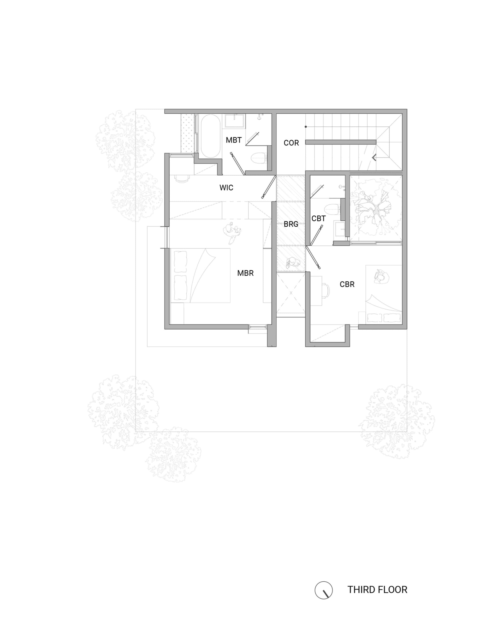 現代兩房住宅大樓的三樓平面配置，展示臥室、衛浴、衣帽間及其他設施。
