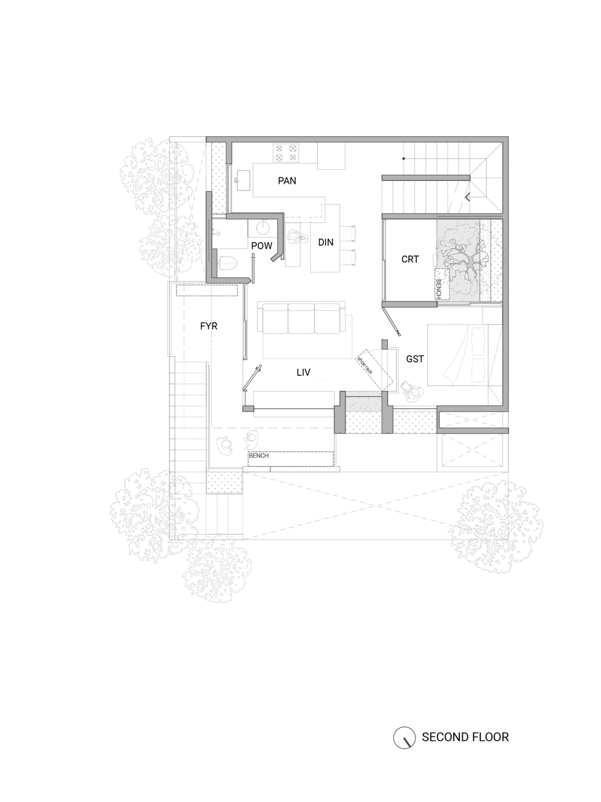 Floor plan of residential living area on the second level