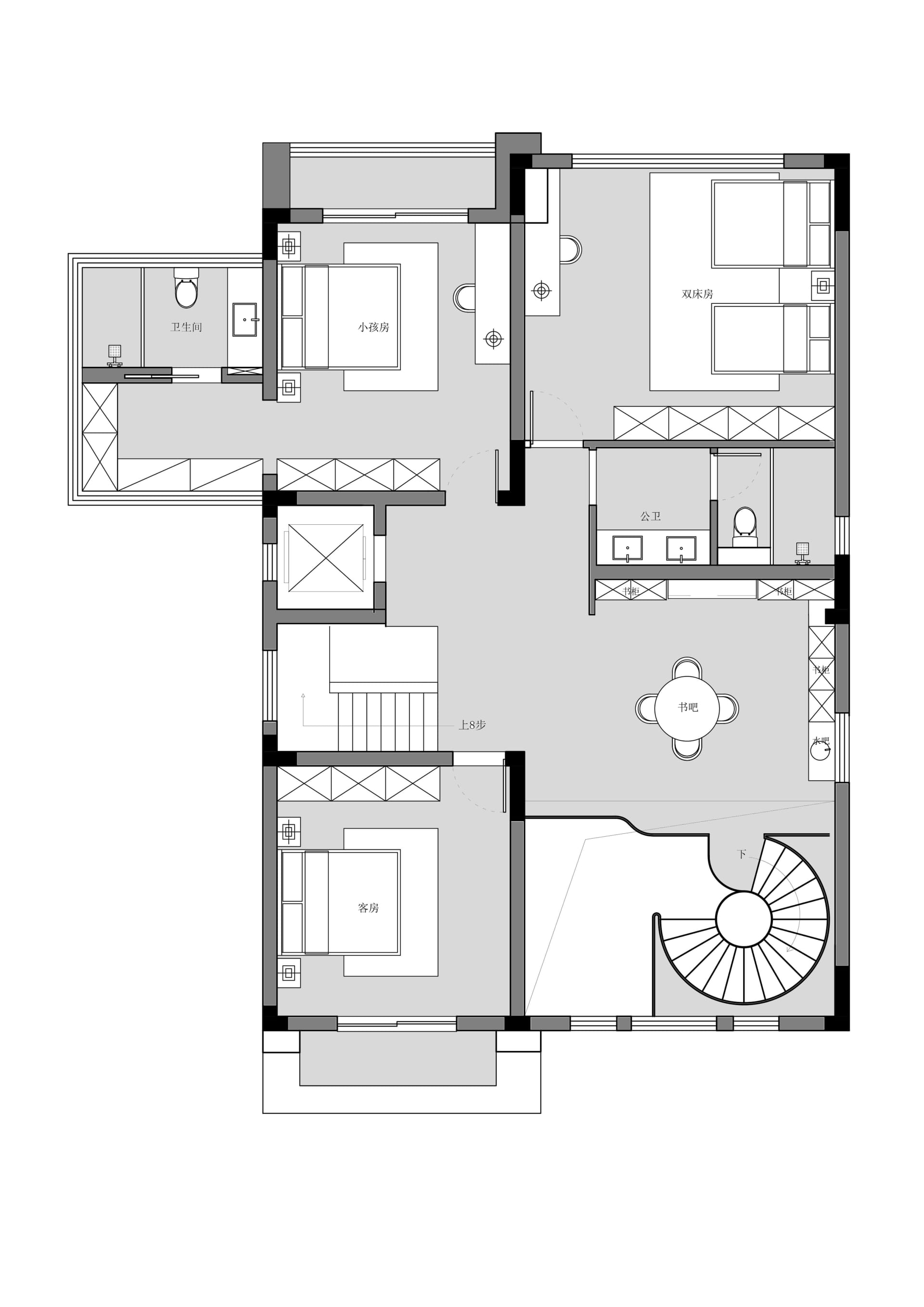 一張現代住宅平面圖的詳細2D建築繪圖。