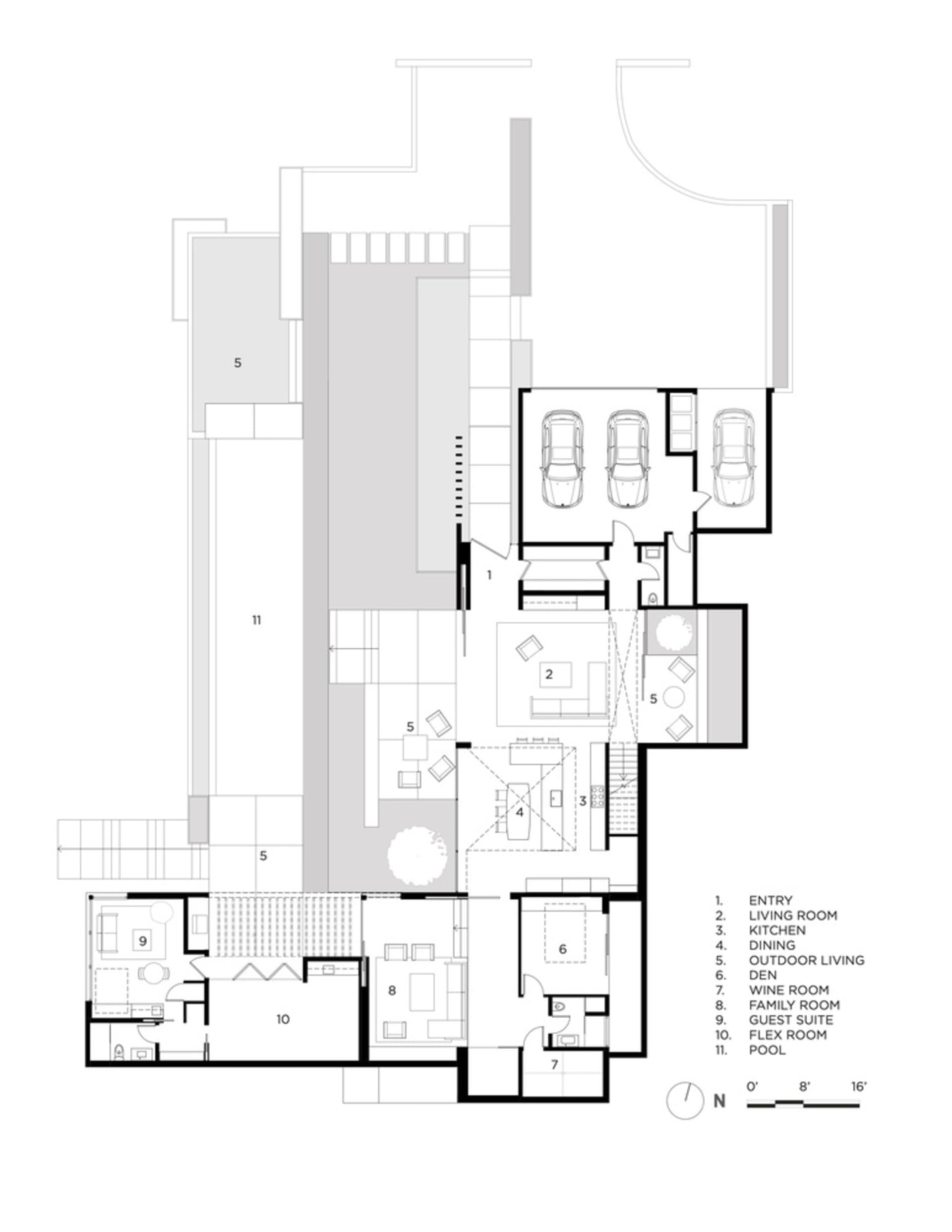 現代住宅室內平面圖，採用混凝土材質。