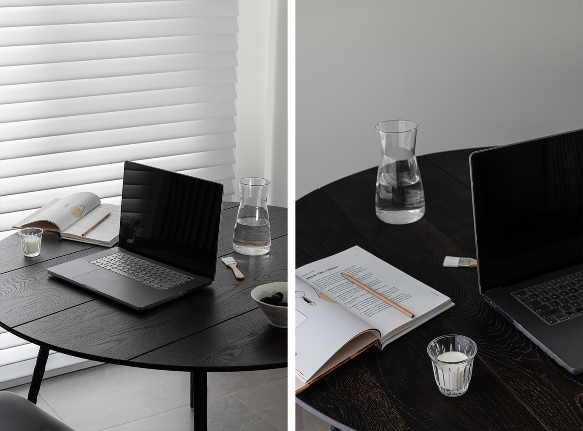 A modern workspace featuring a black desk with a laptop, open book, and water pitcher.