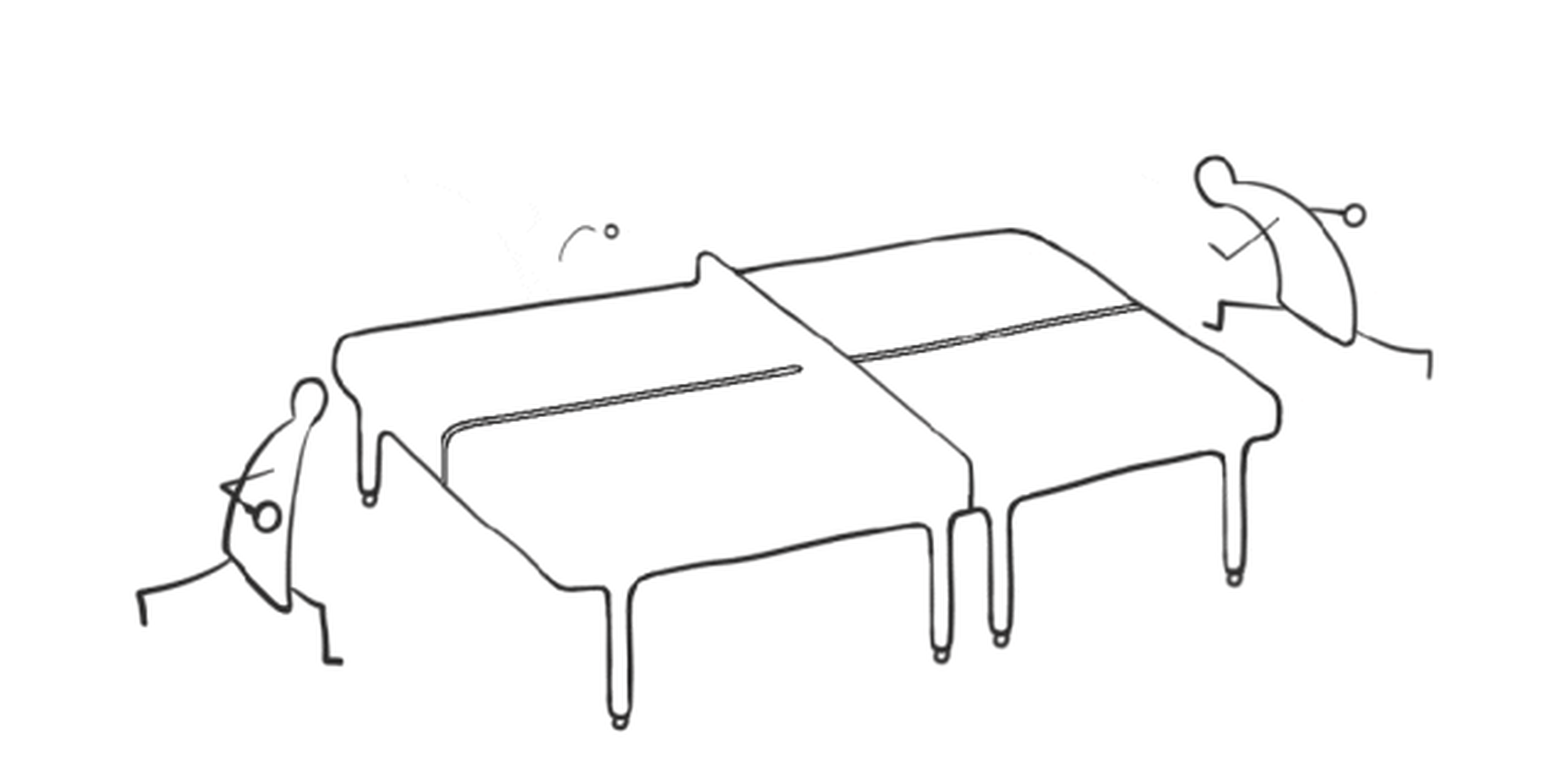 A wireframe diagram of a ping pong table with players on either side.