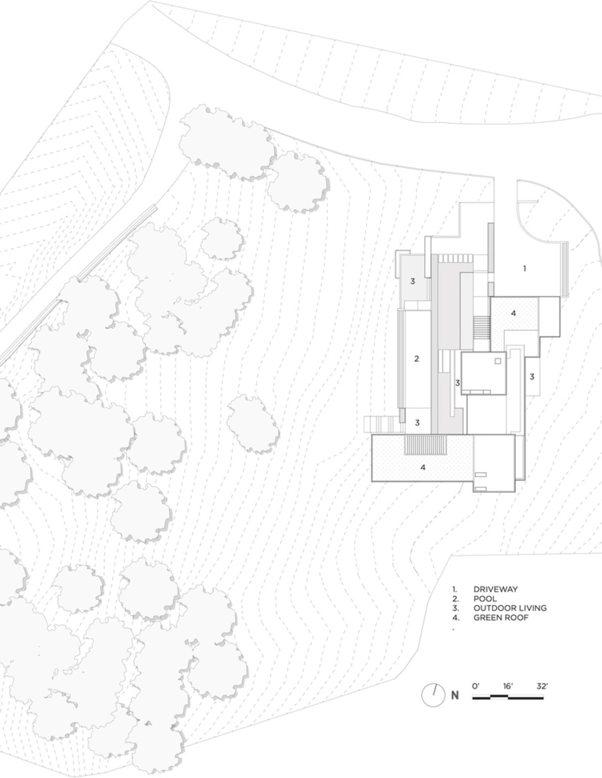 A modern residential floor plan with outdoor living areas, a driveway, a pool, and a green roof.