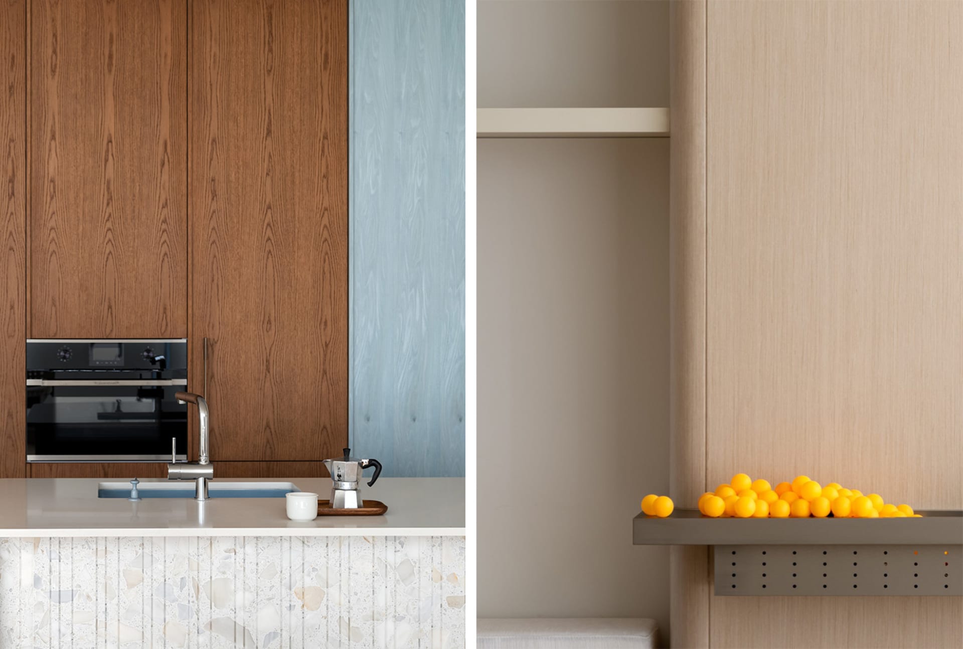 Modern kitchen featuring a marble and terrazzo countertop, sleek cabinetry, and contemporary fixtures.