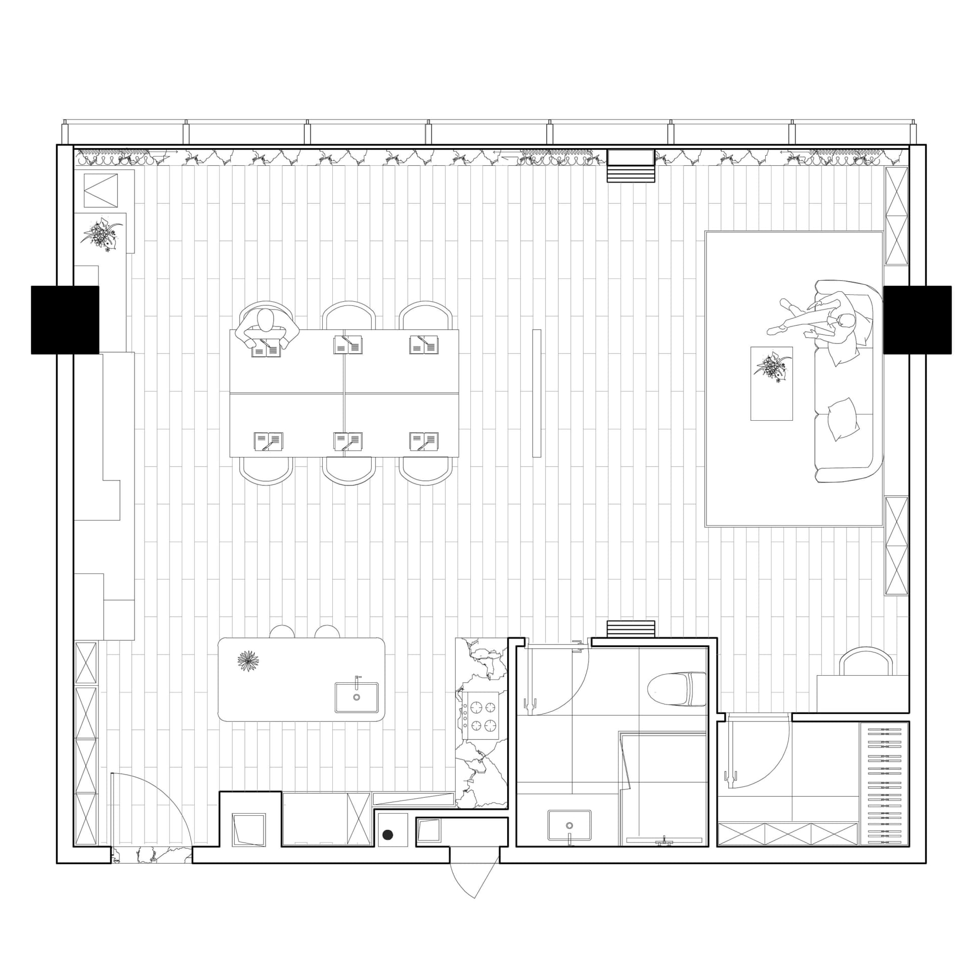 俯視角度的現代辦公室佈局，搭配磁磚地板。