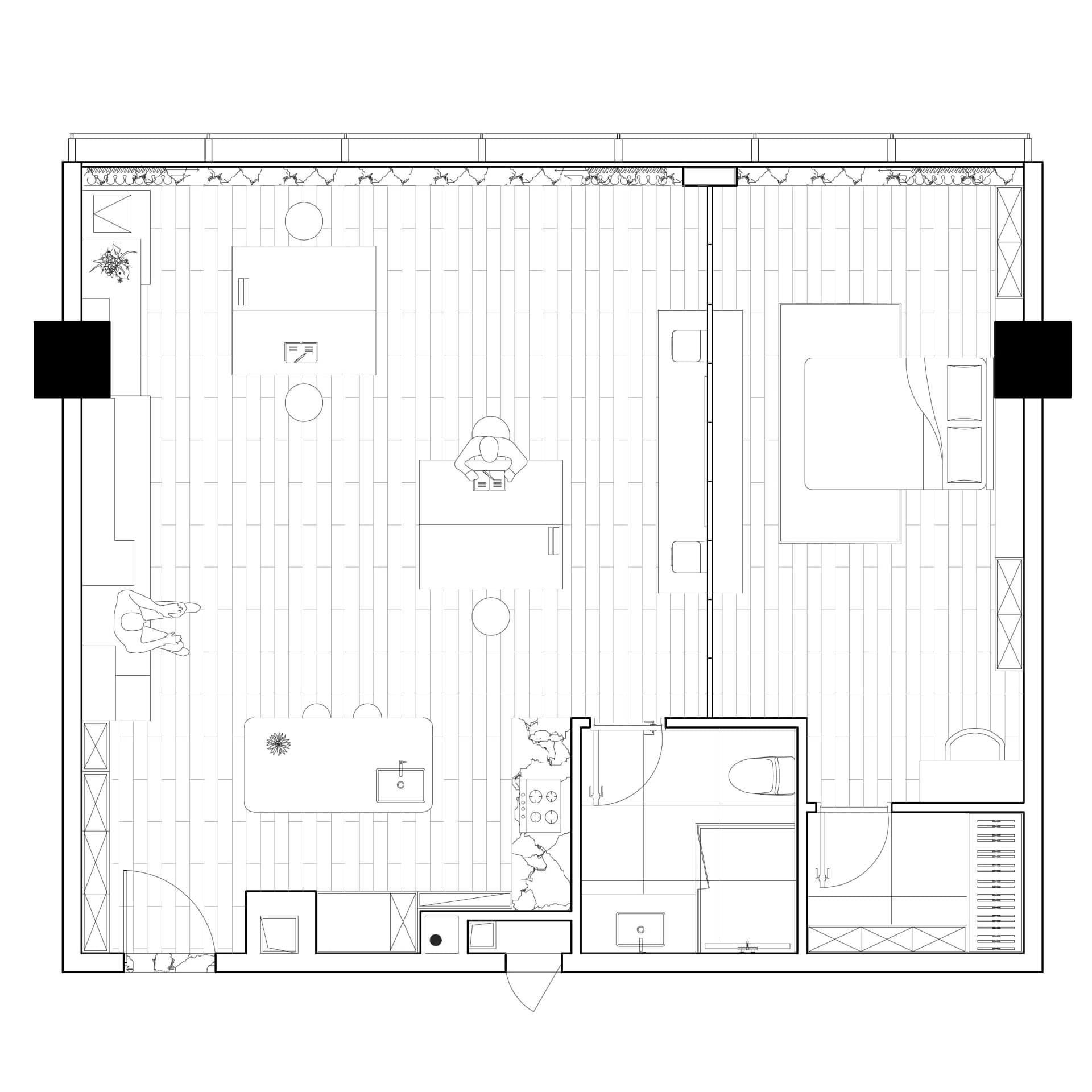 現代辦公室空間的平面圖，搭配瓷磚地板。