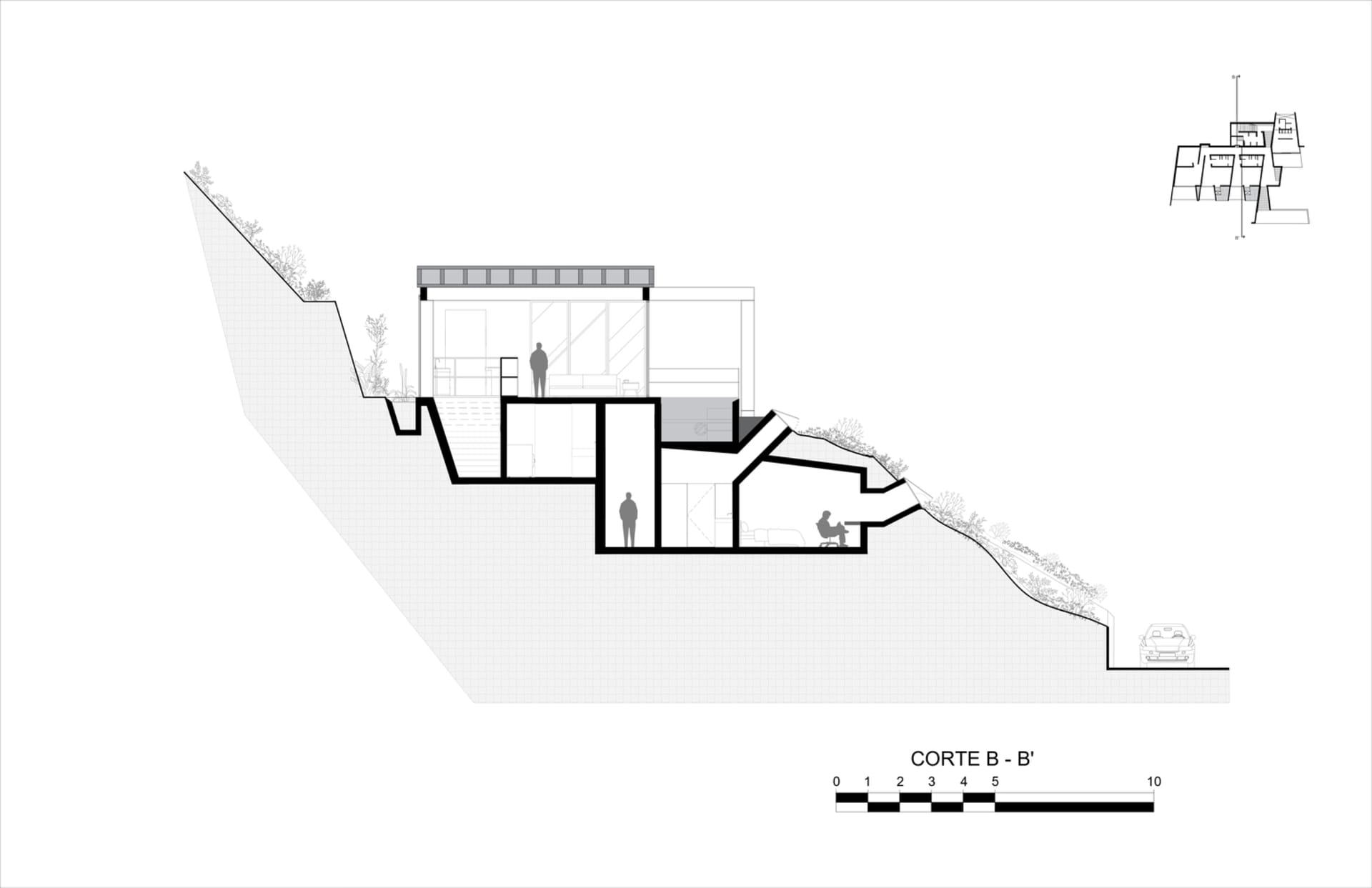 Linear drawing illustrating the cross-section of a house on a hillside.