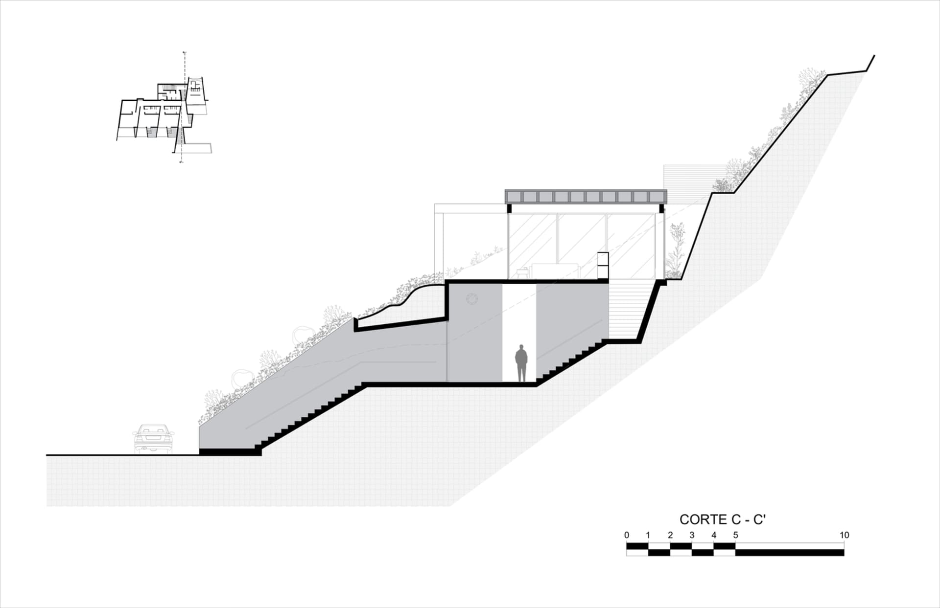 現代住宅平面圖,展示大型玻璃窗、金屬欄杆與混凝土階梯。