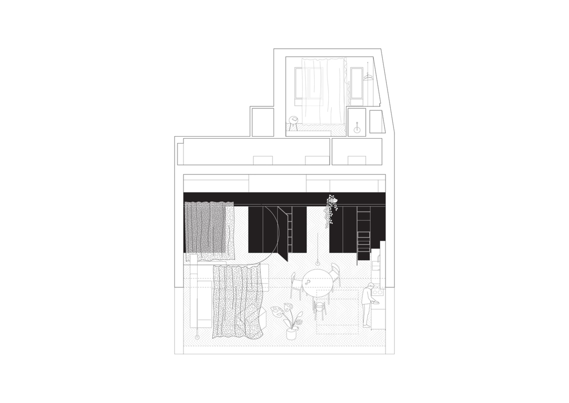 Floor plan of a modern apartment showing living, dining, and bedroom areas with minimalist design elements.