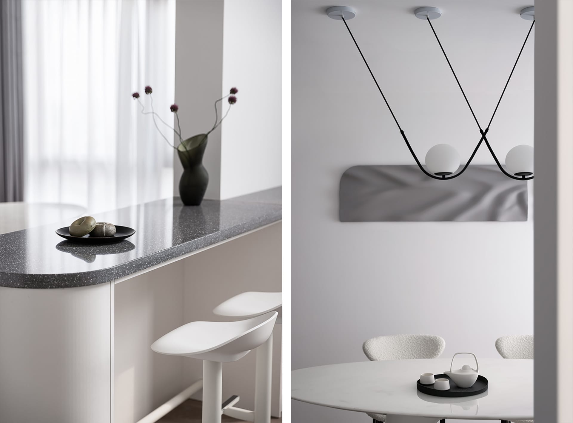 A modern kitchen and dining area with terrazzo and abs materials.