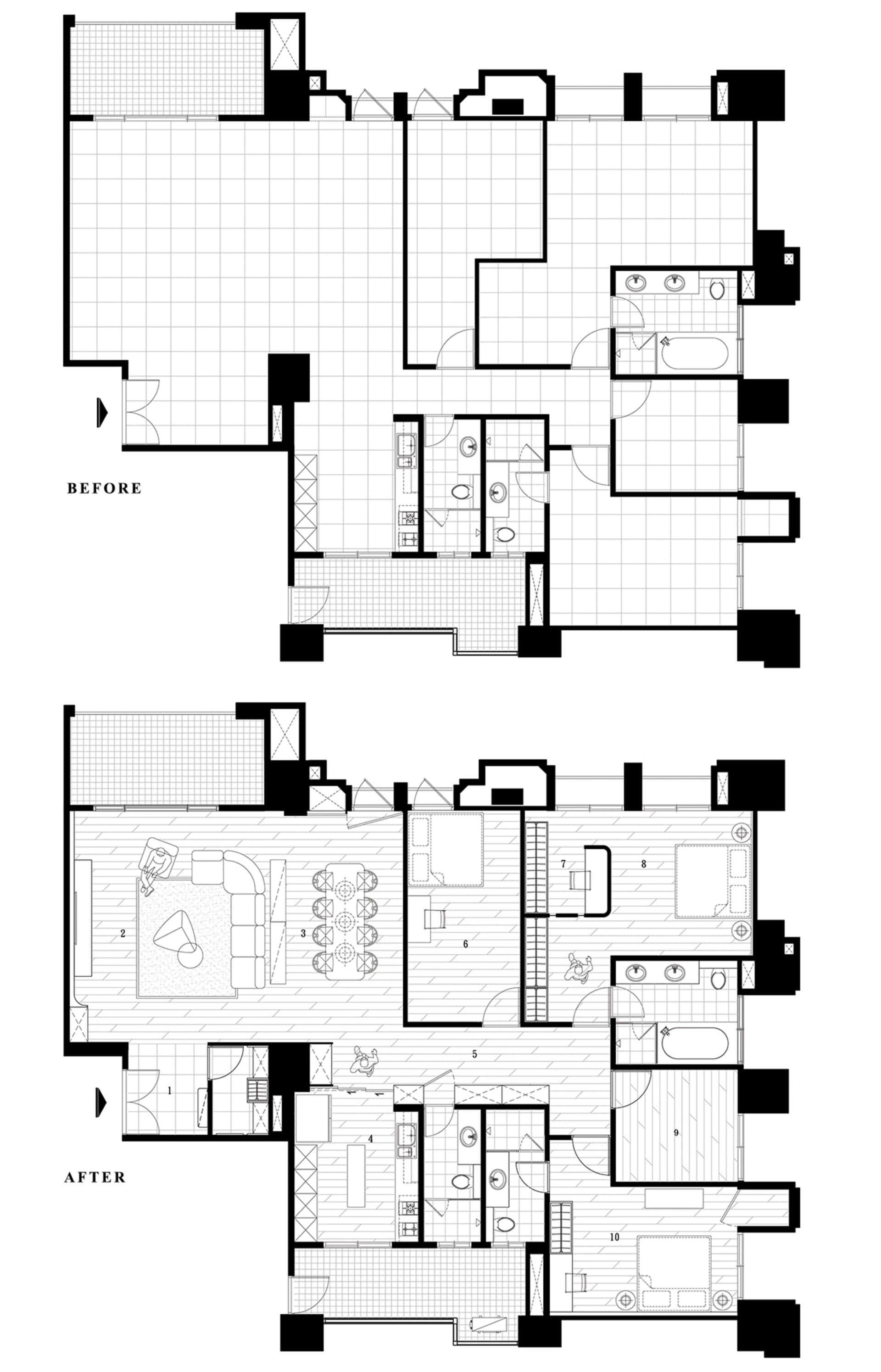 Before and after floor plans of an apartment featuring design modifications and layout changes.