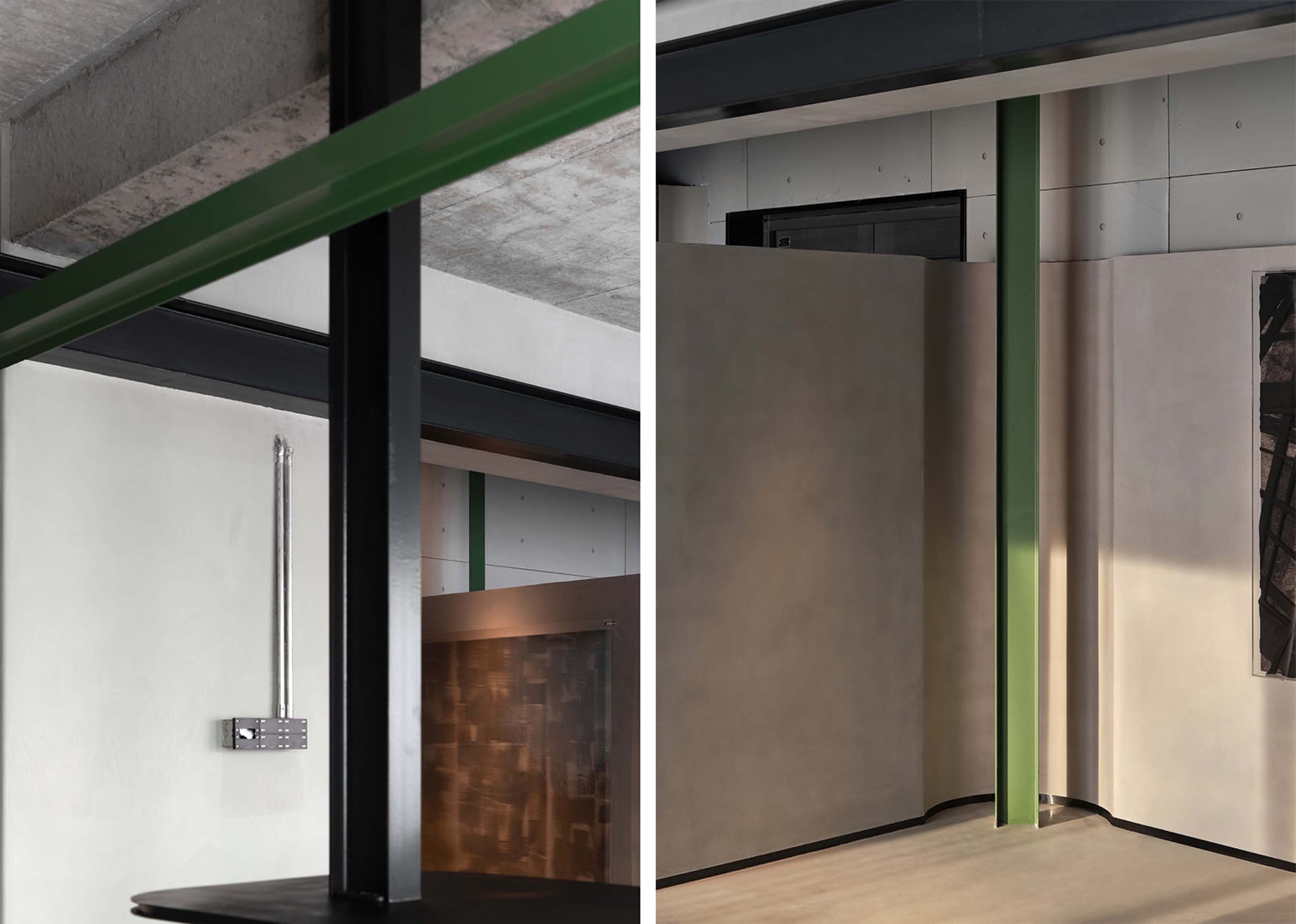 Concrete details of a modern residential interior showing structural beams, walls, and flooring.