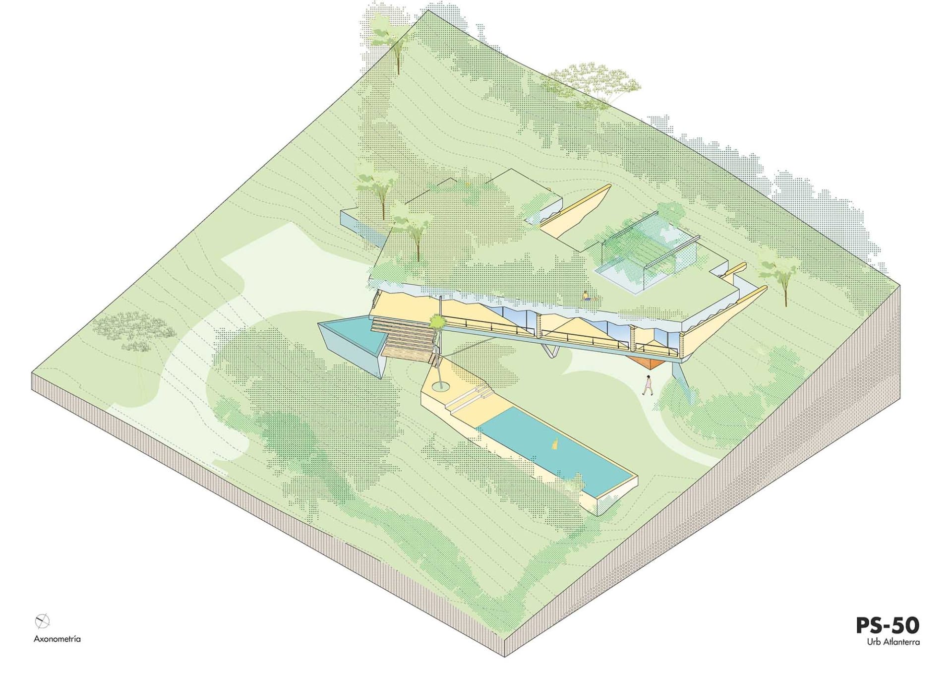 Isometric view of a wooden bridge with integrated pool and surrounding greenery.