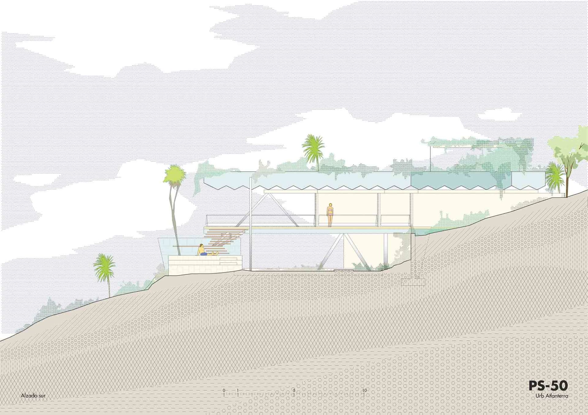 Modern house with concrete, glass, and metal exterior, featuring a residential design with glass walls and concrete structure