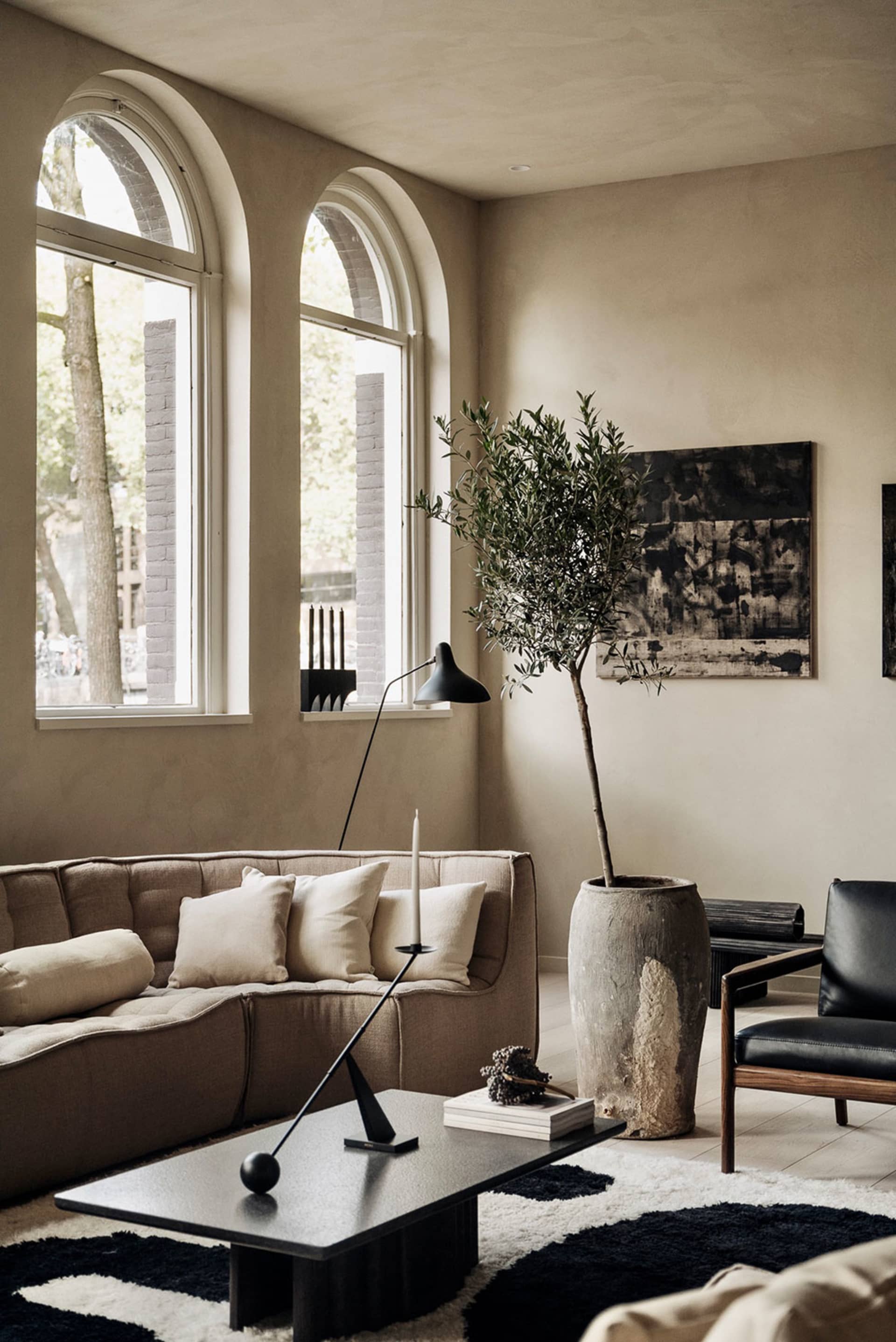 Modern living room featuring a sofa with textured fabric upholstery, a minimalist coffee table, and an olive tree in a rustic