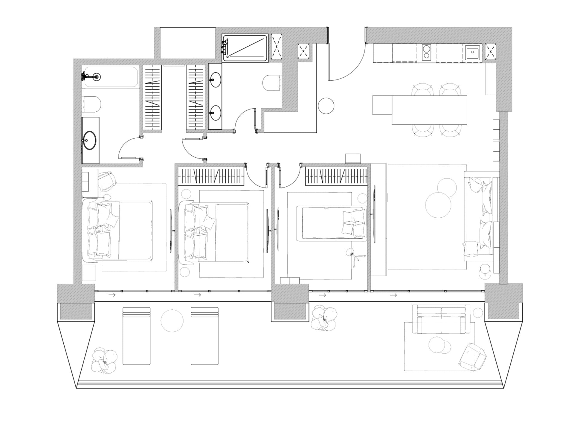Detailed architectural blueprint of a modern residential apartment layout with three bedrooms and a living area.