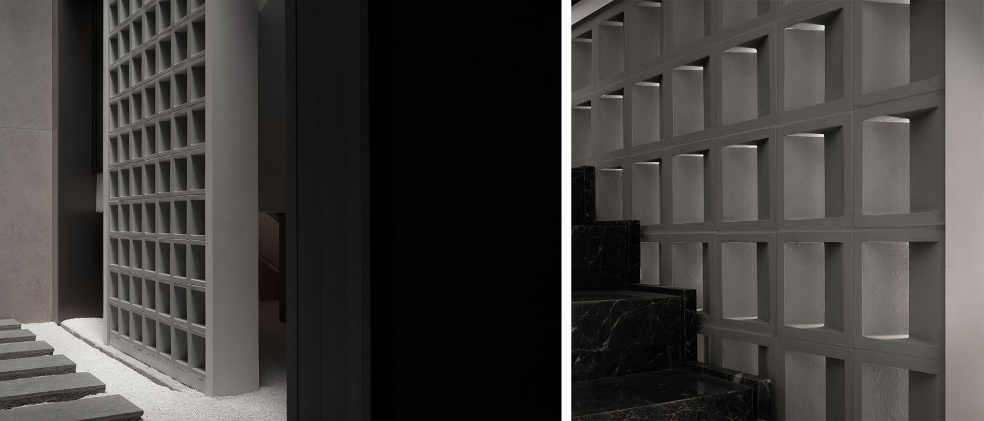 Architectural photograph showcasing a modern interior design with concrete and marble elements.