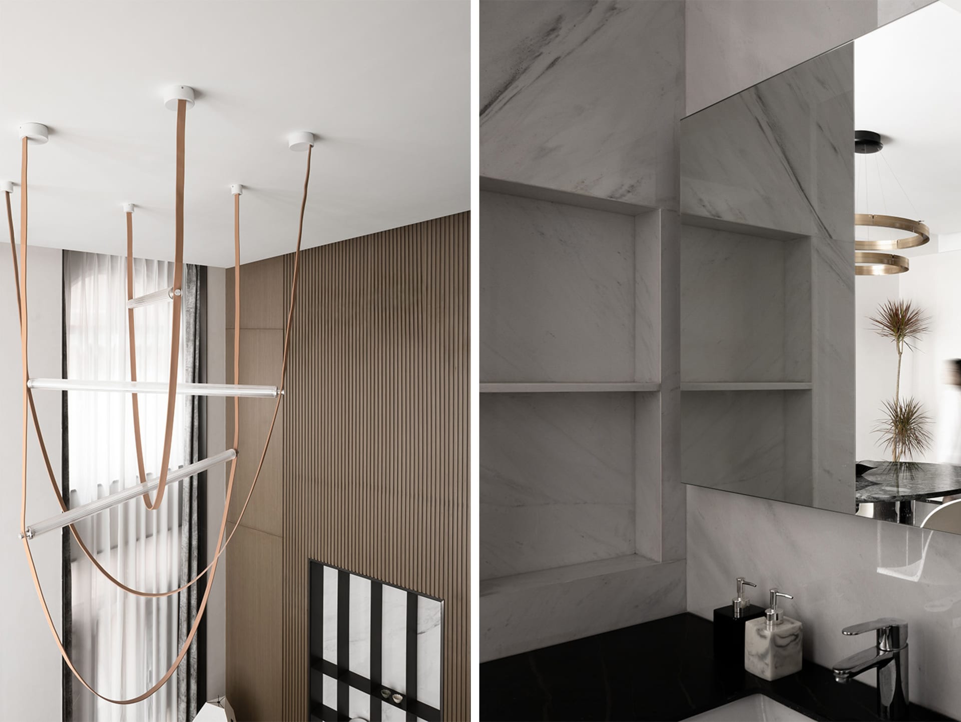 Modern minimalist bathroom interior featuring marble and concrete materials.