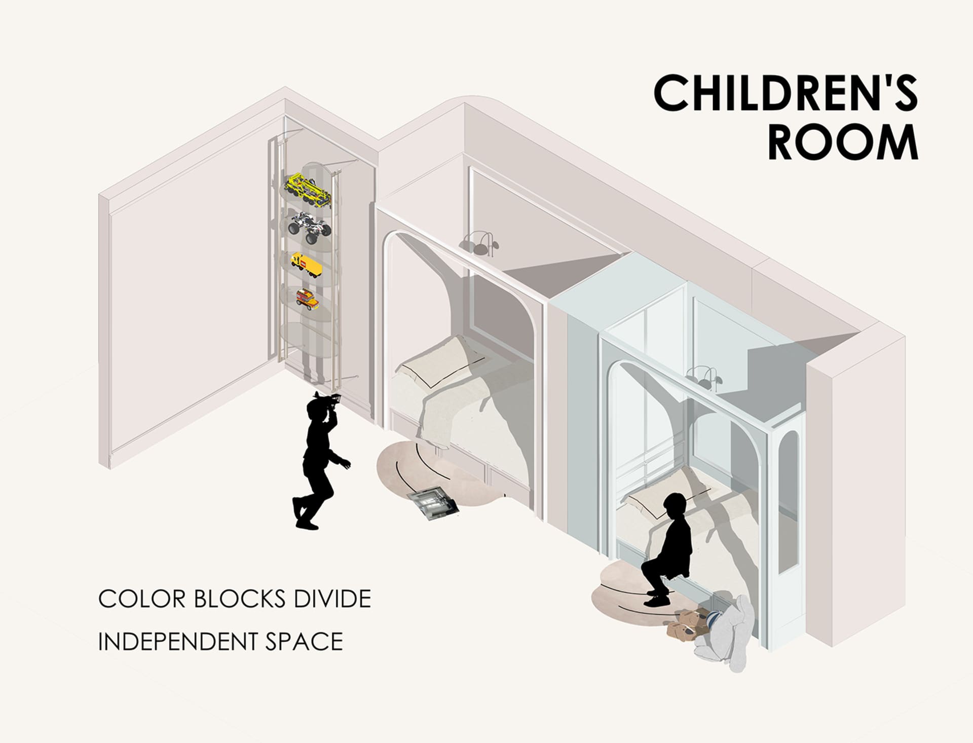 An isometric rendering of a children's room featuring color blocks to divide independent spaces.
