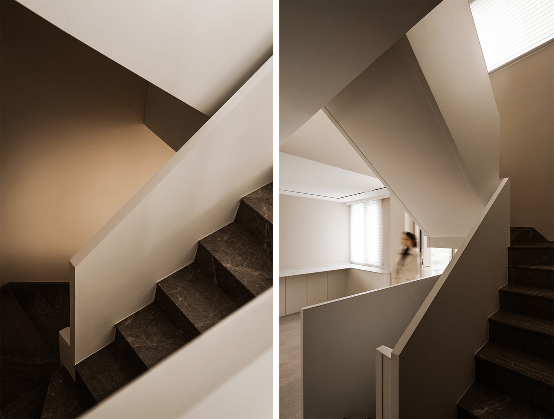 Modern interior design featuring a minimalist staircase with marble steps.