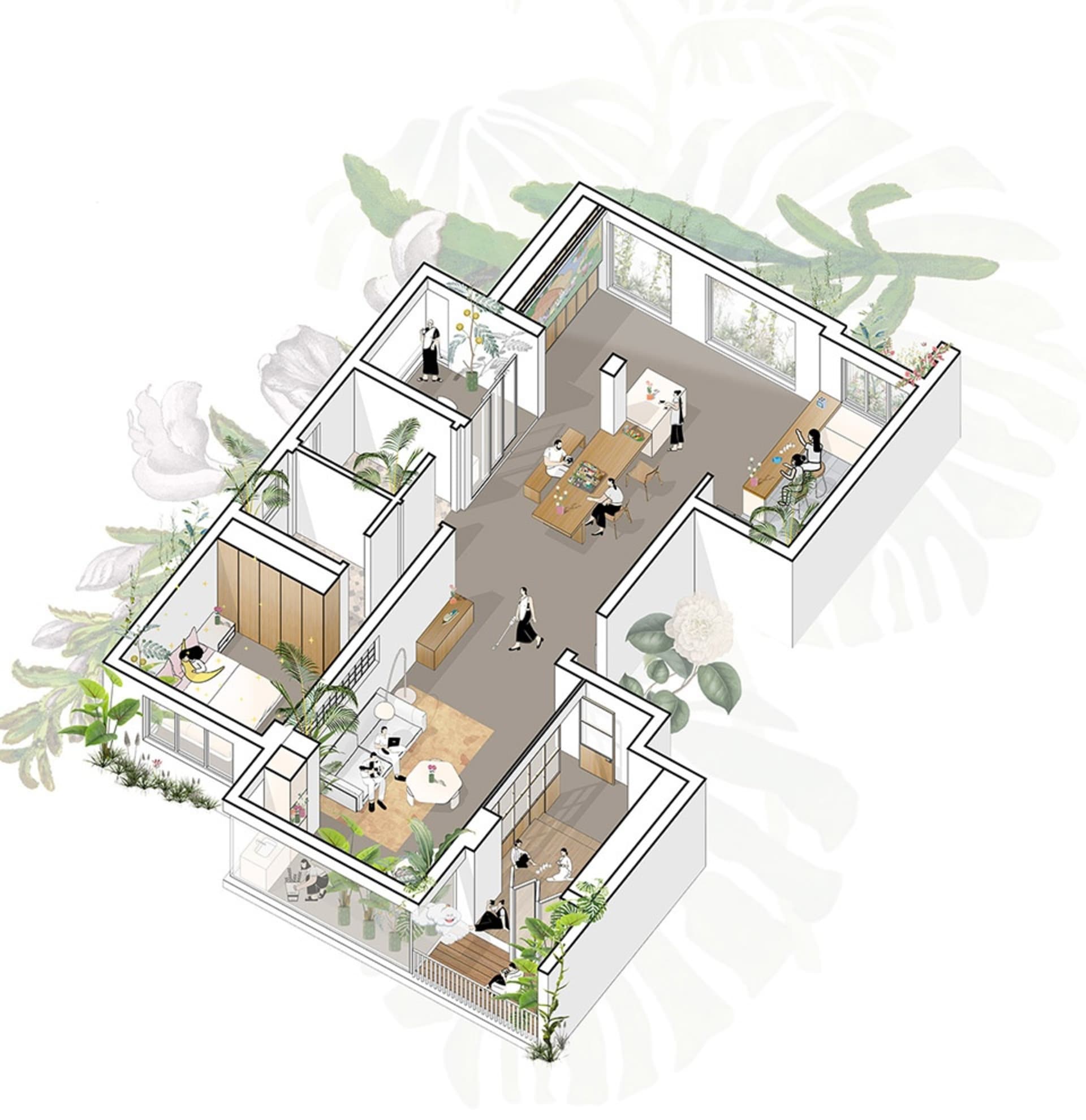 An isometric view of a modern living space with wooden elements.