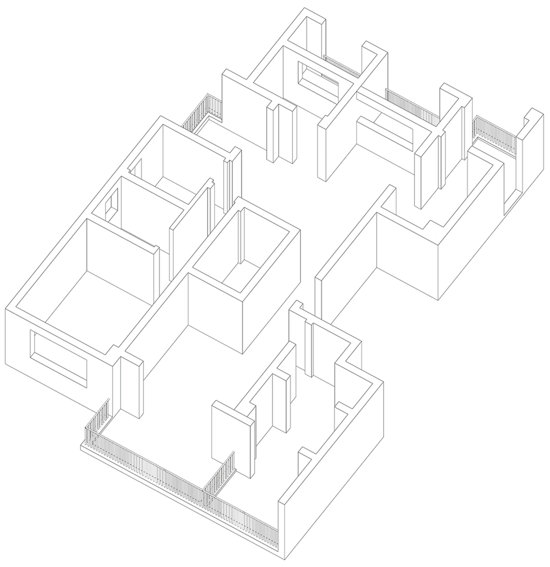 一張以混合媒材呈現的住宅平面圖建築插畫，顯示各個房間與空間配置。