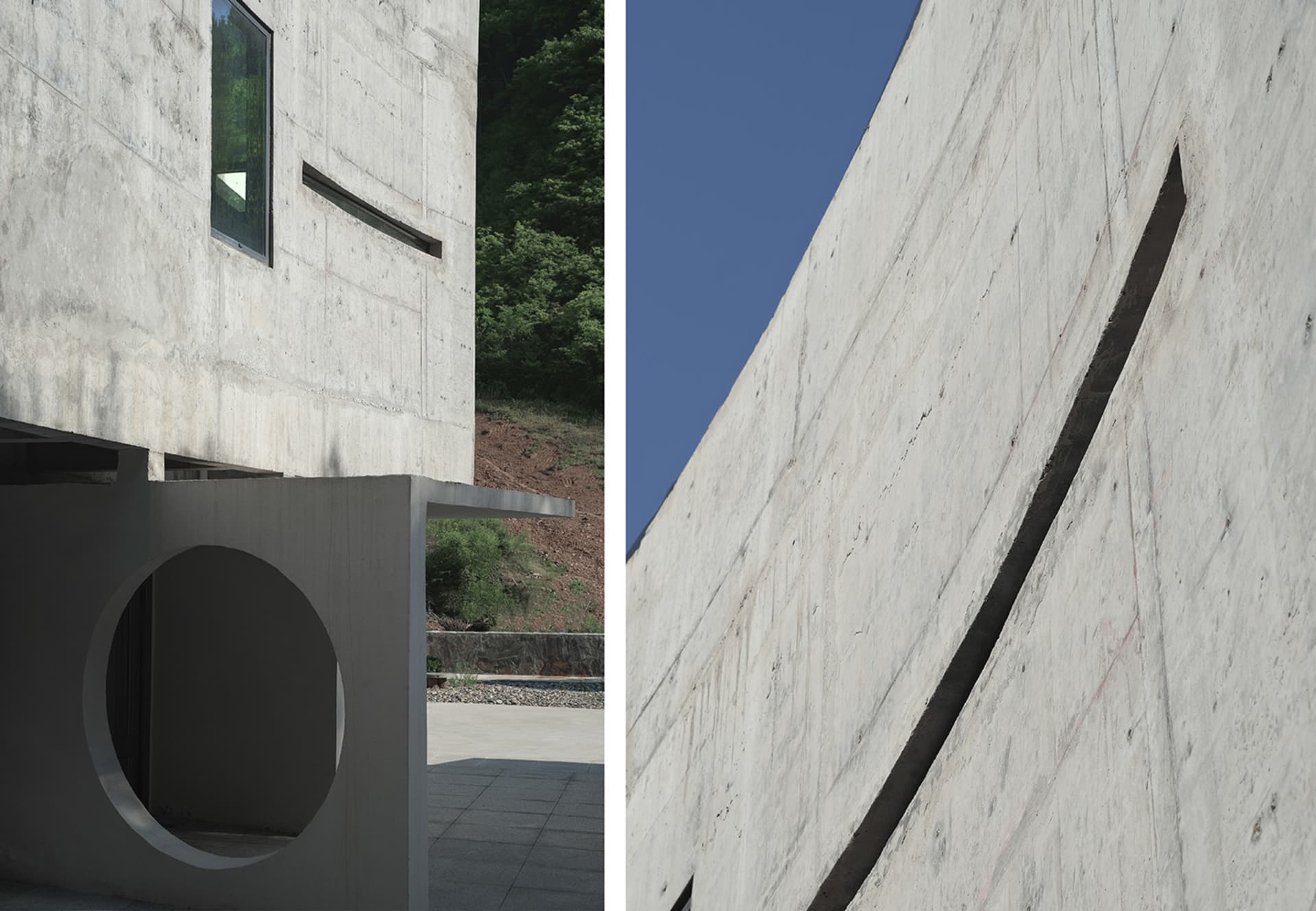 Modern architecture featuring concrete walls and circular openings.