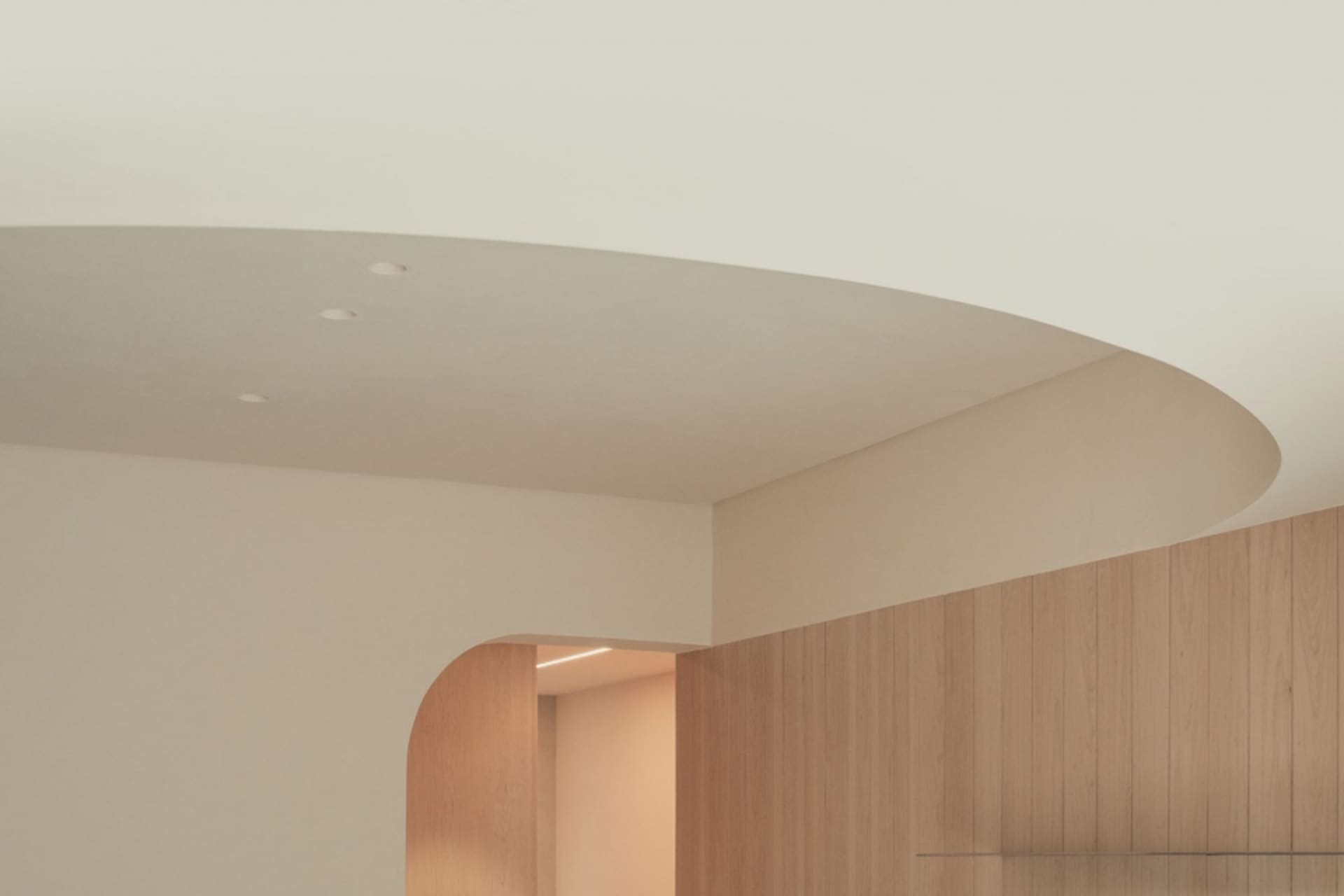 A minimalist interior design featuring wooden panels with a curved ceiling and archway.