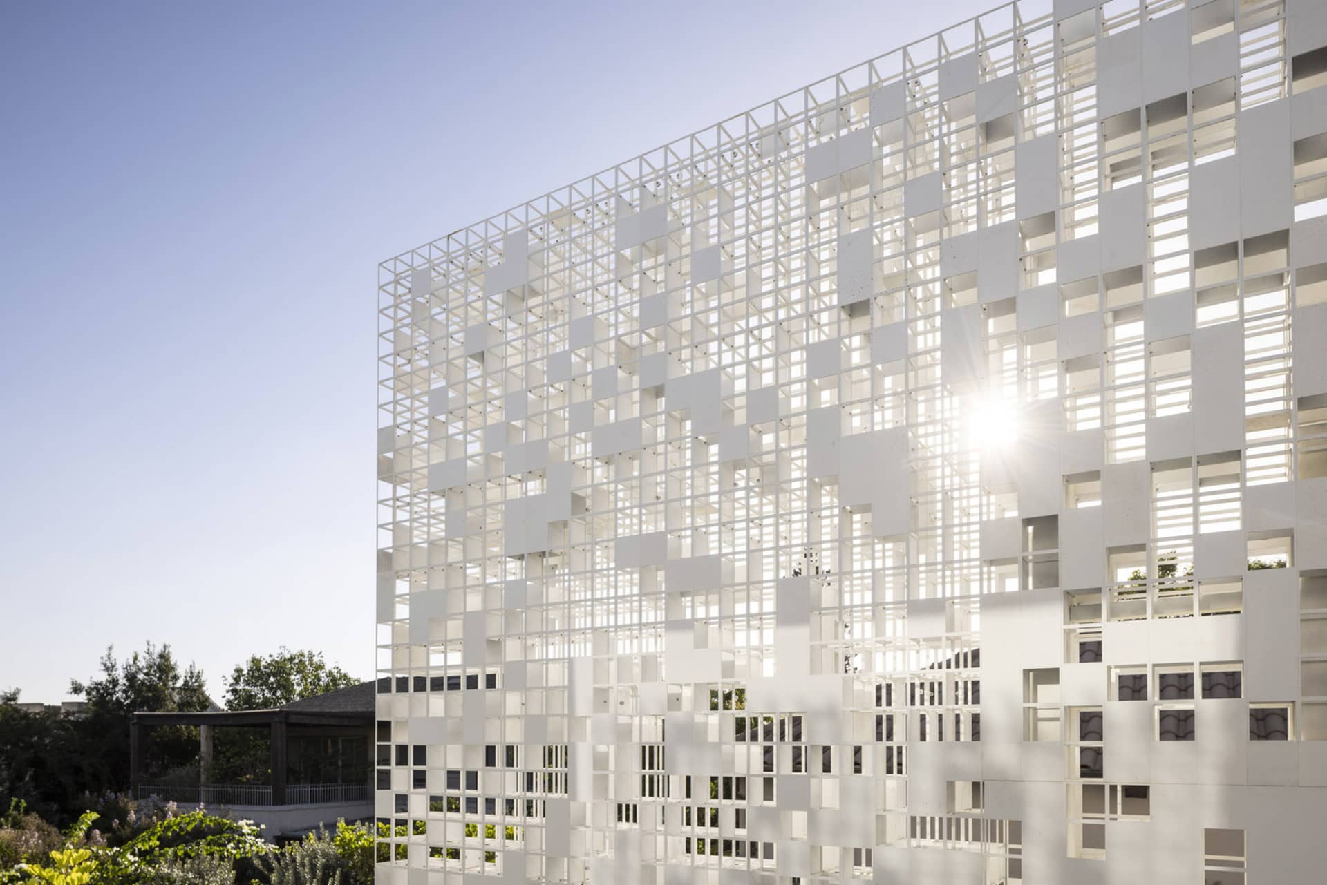 A modern facade with a metal and glass design.