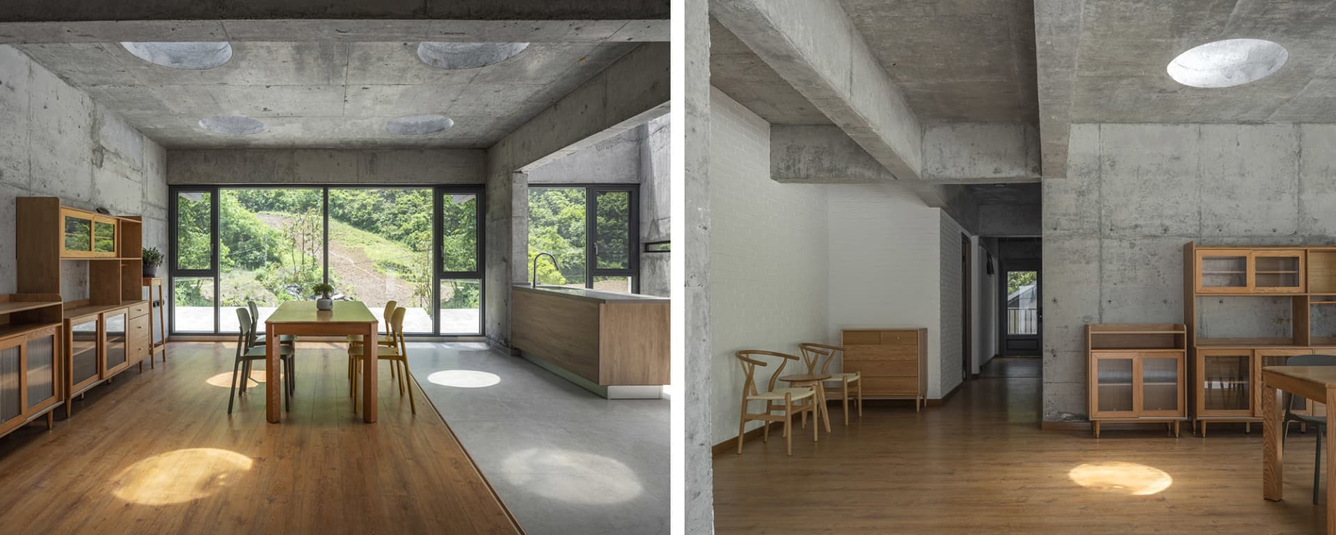 Modern minimalist residential interior featuring wooden furniture and concrete walls.