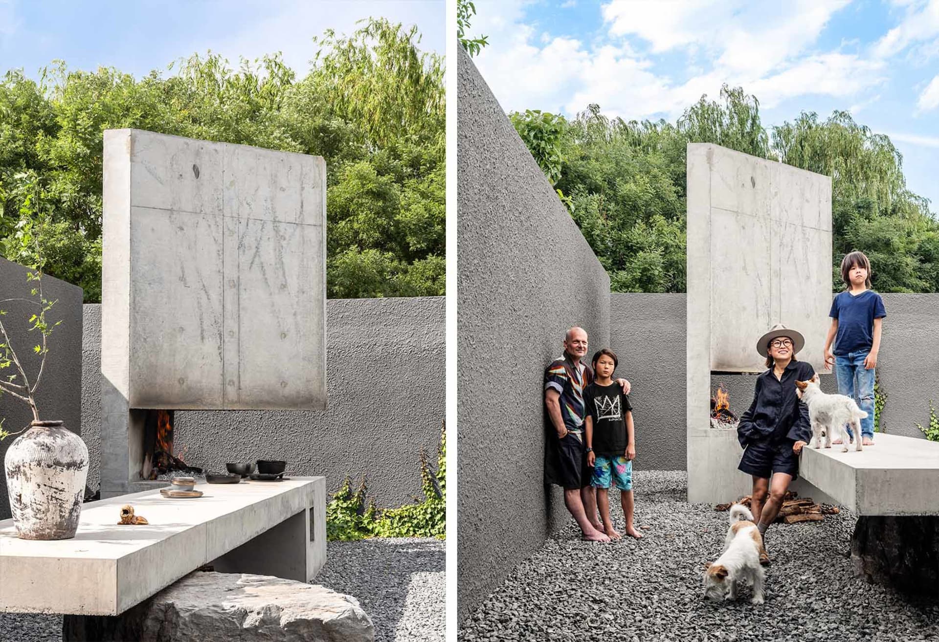A modern exterior featuring a concrete fireplace and garden with a family portrait.
