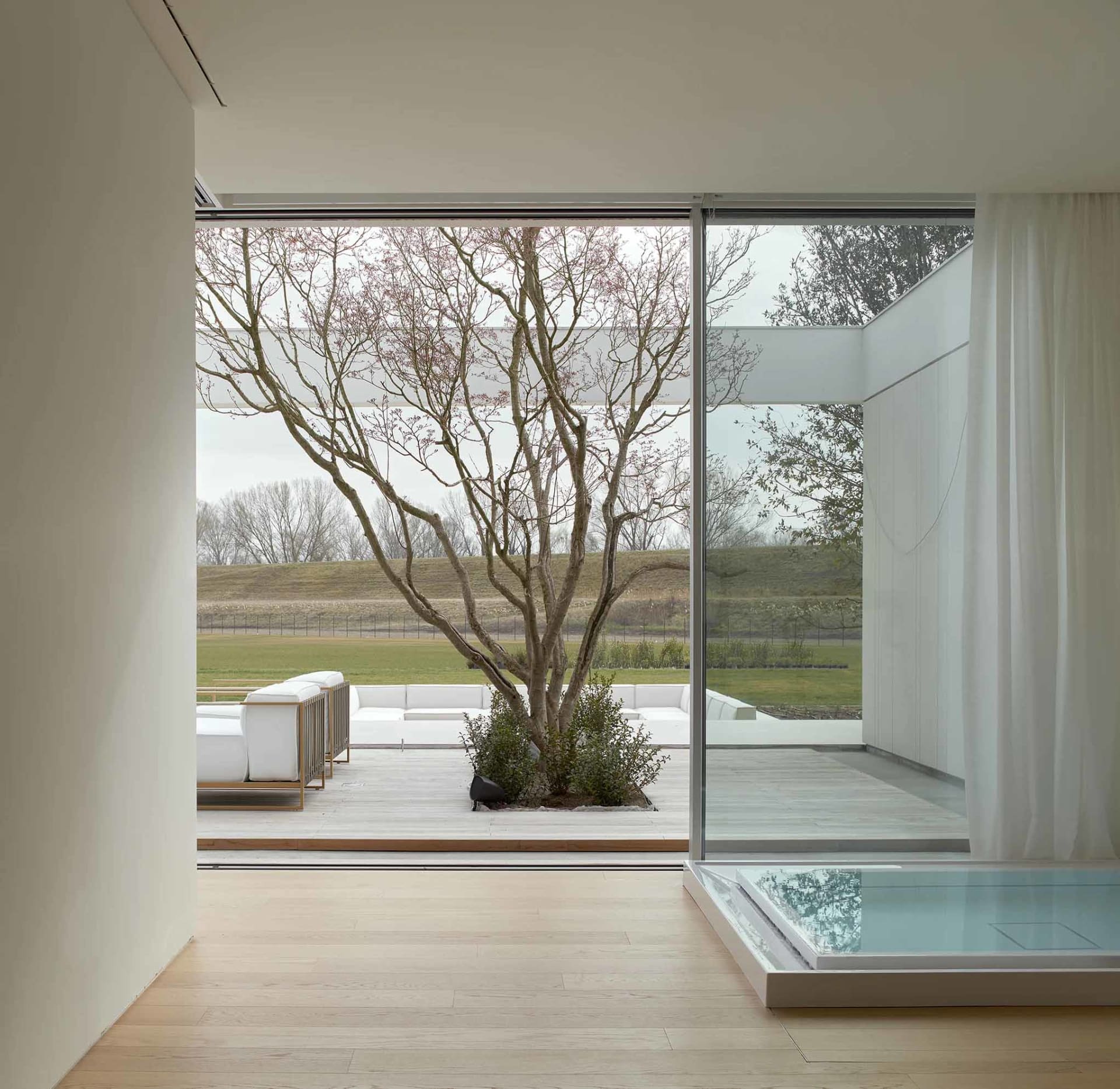 A modern living room with a large glass window overlooking an outdoor garden with a bare tree and white furniture.
