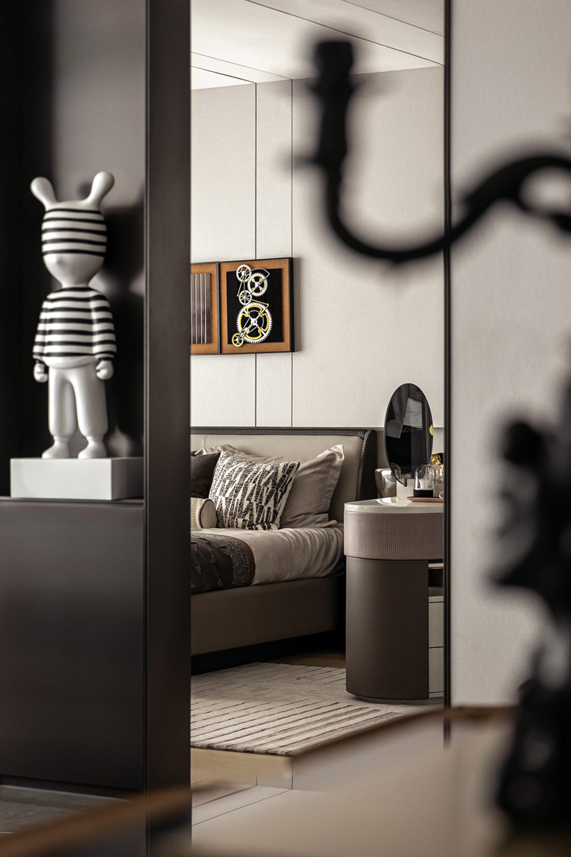 A modern minimalist bedroom showcasing sleek furniture and contemporary decor.